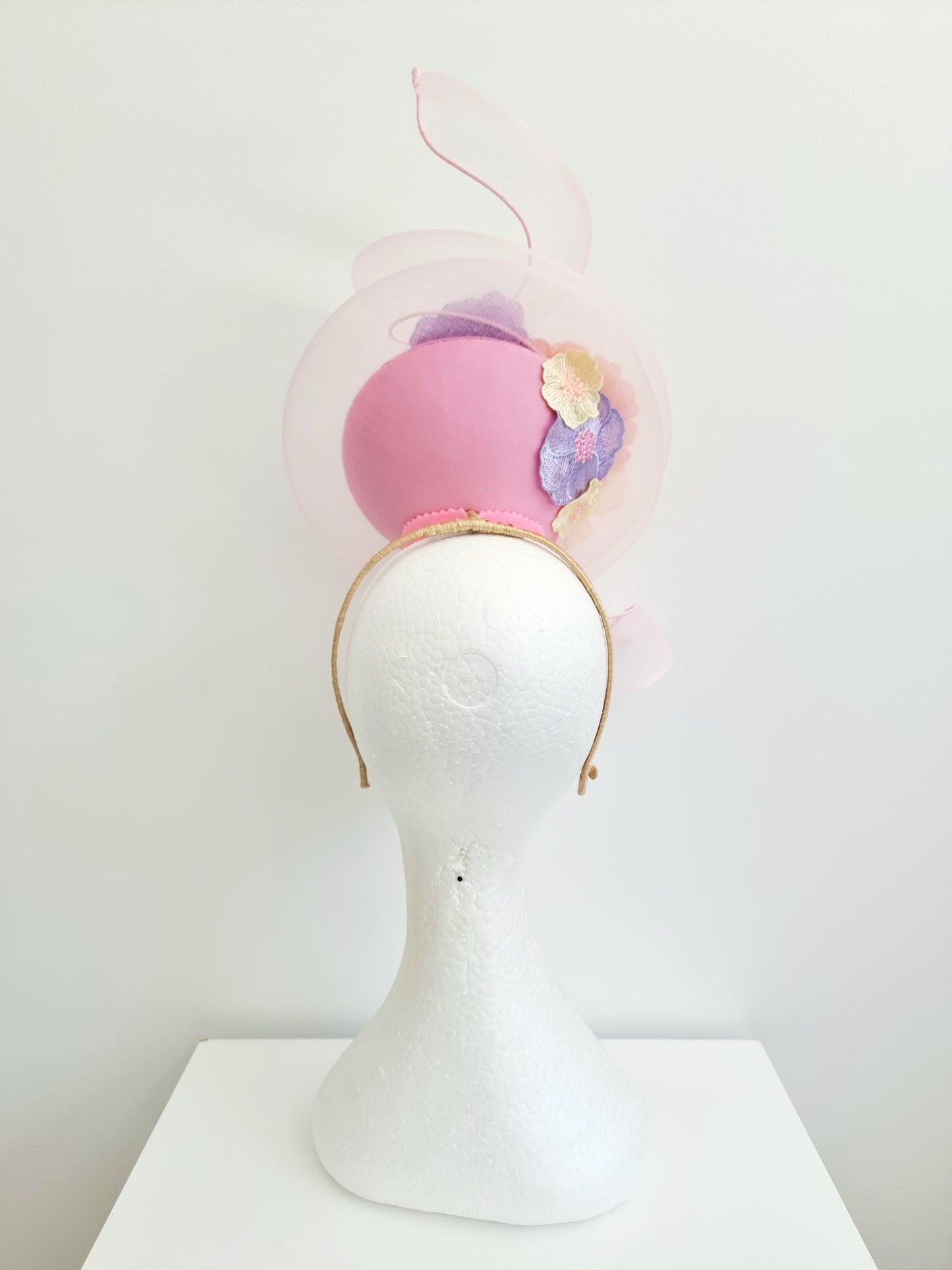 Miss Whimsical percher. Womens Pink button headband fascinator with crinoline swirl and 3D lace