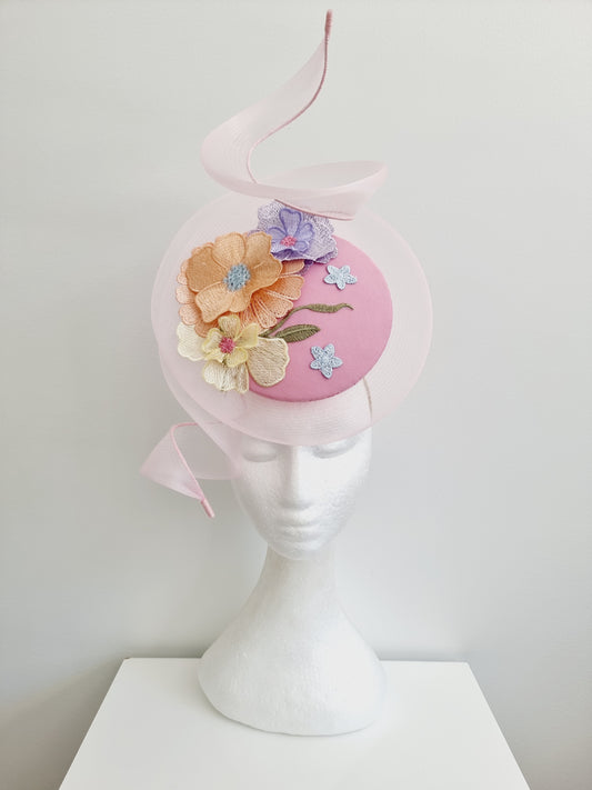 Miss Whimsical percher. Womens Pink button headband fascinator with crinoline swirl and 3D lace