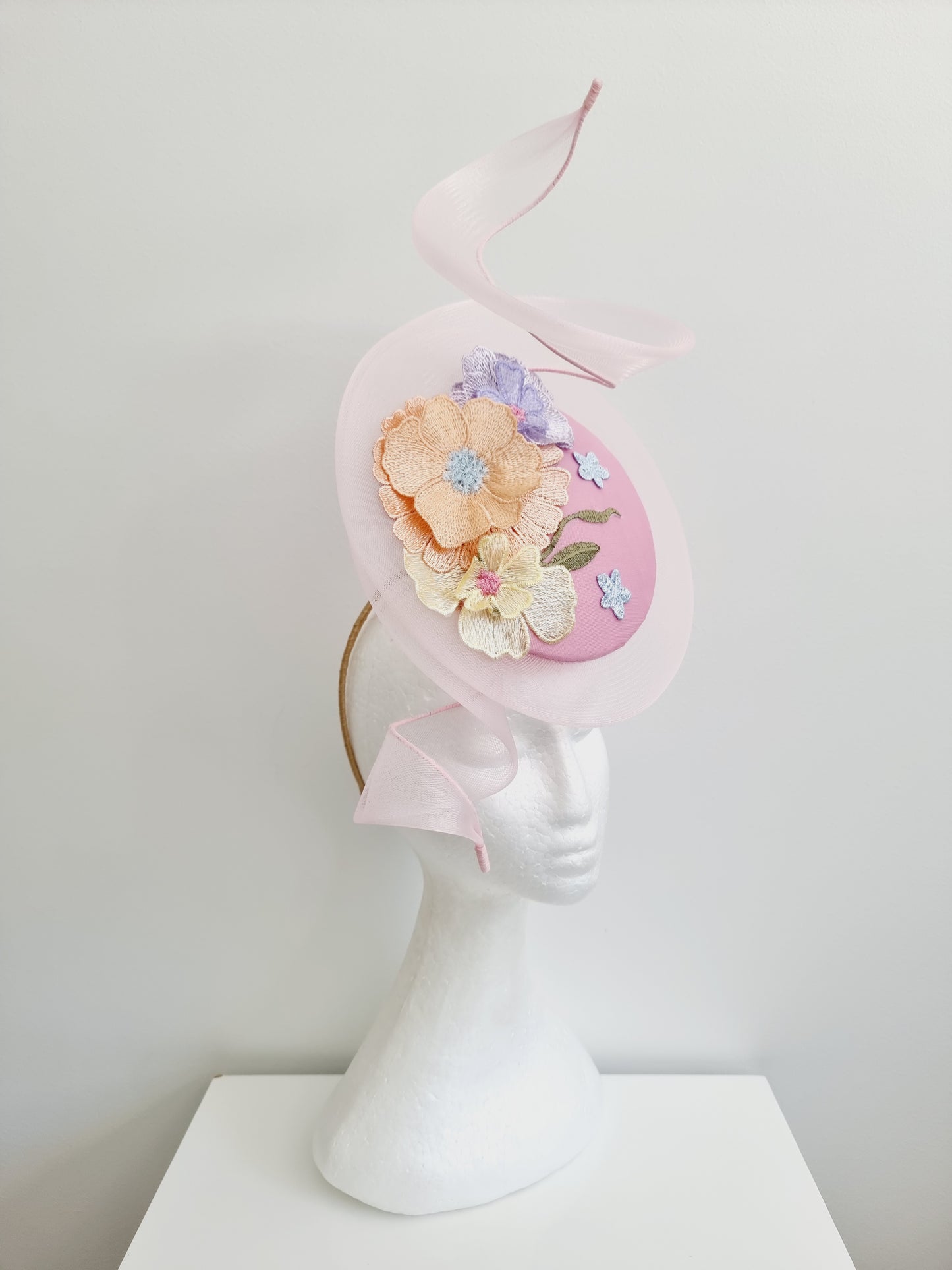 Miss Whimsical percher. Womens Pink button headband fascinator with crinoline swirl and 3D lace