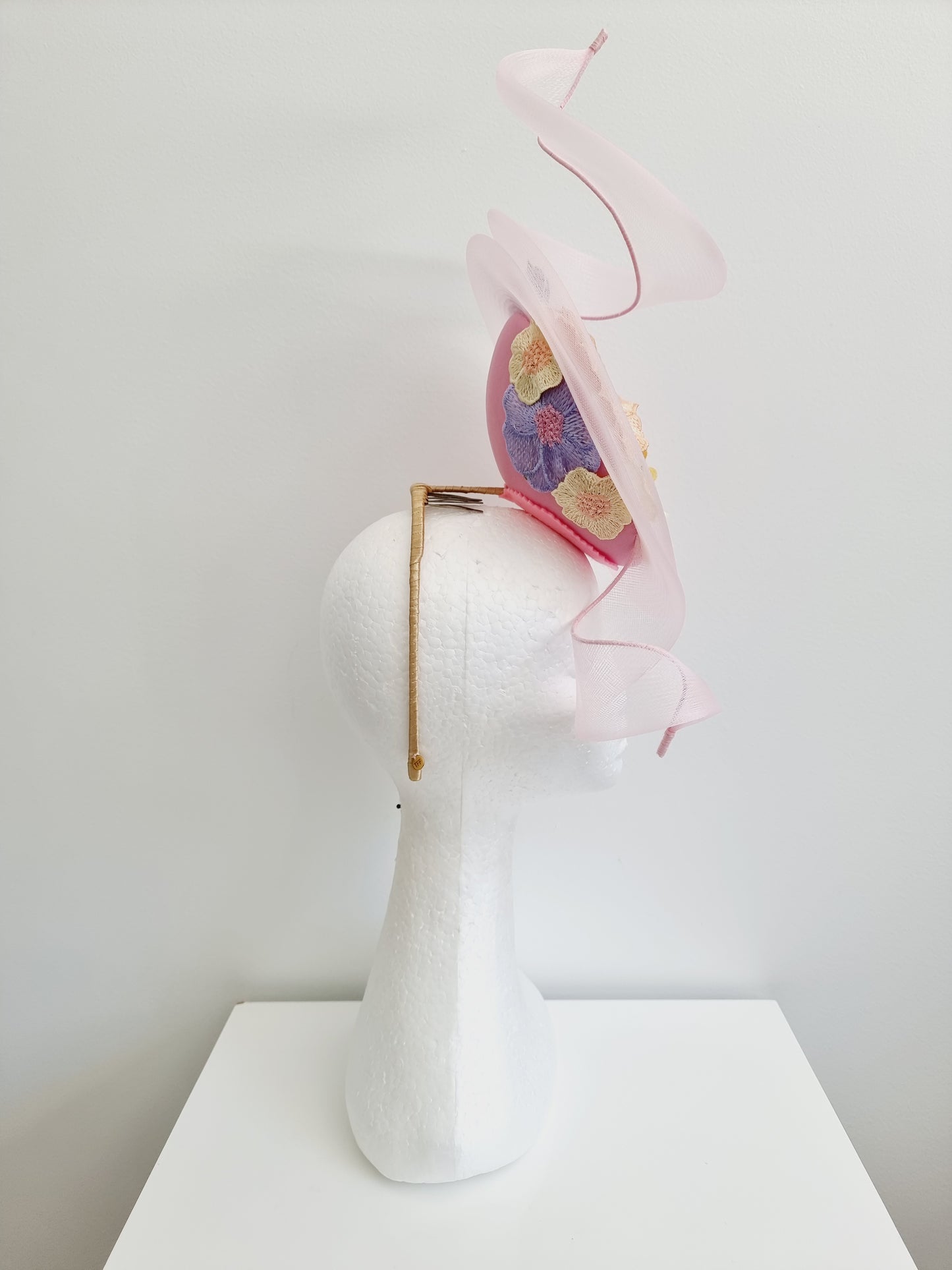 Miss Whimsical percher. Womens Pink button headband fascinator with crinoline swirl and 3D lace