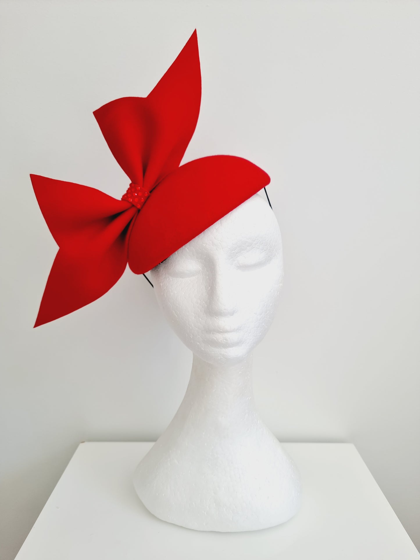 Miss Burla. Womens Red felt button fascinator with bow