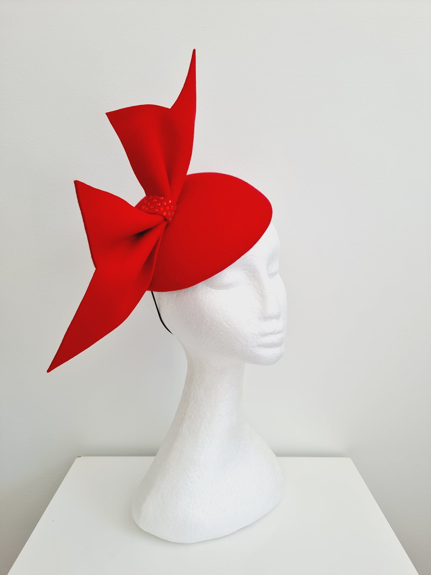 Miss Burla. Womens Red felt button fascinator with bow