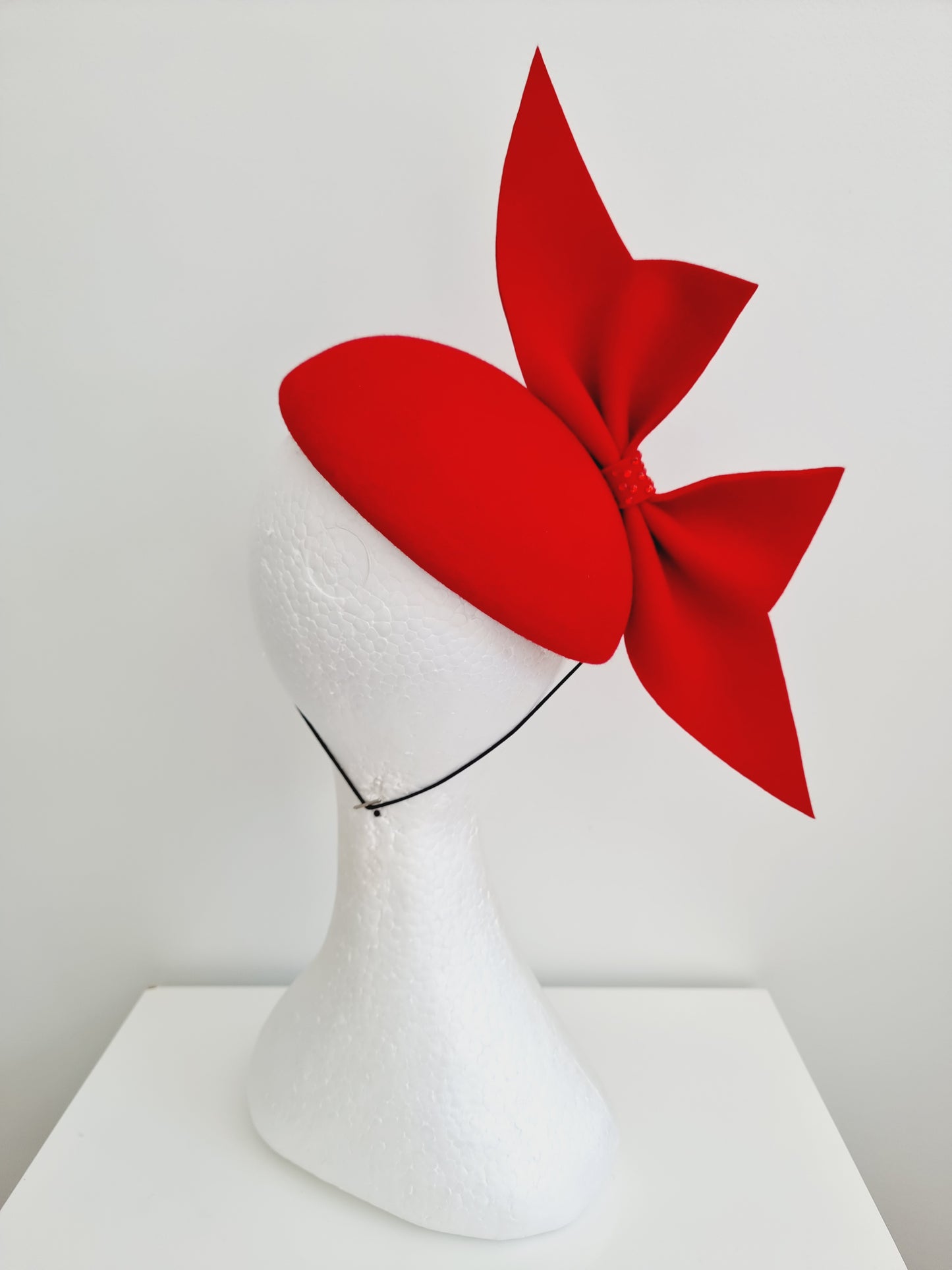 Miss Burla. Womens Red felt button fascinator with bow