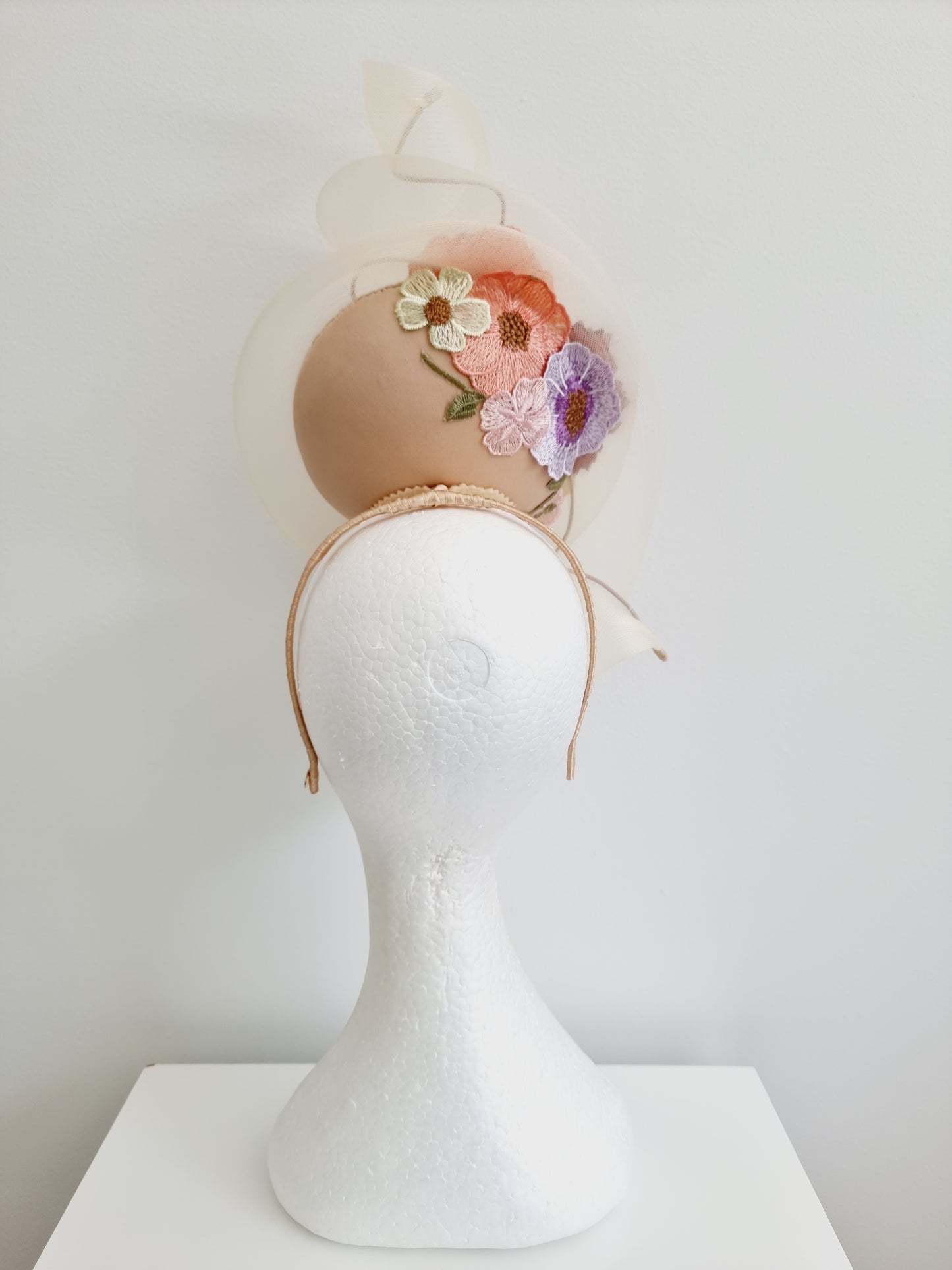 Miss Whimsical percher. Womens Nude button headband fascinator with crinoline swirl and 3D lace