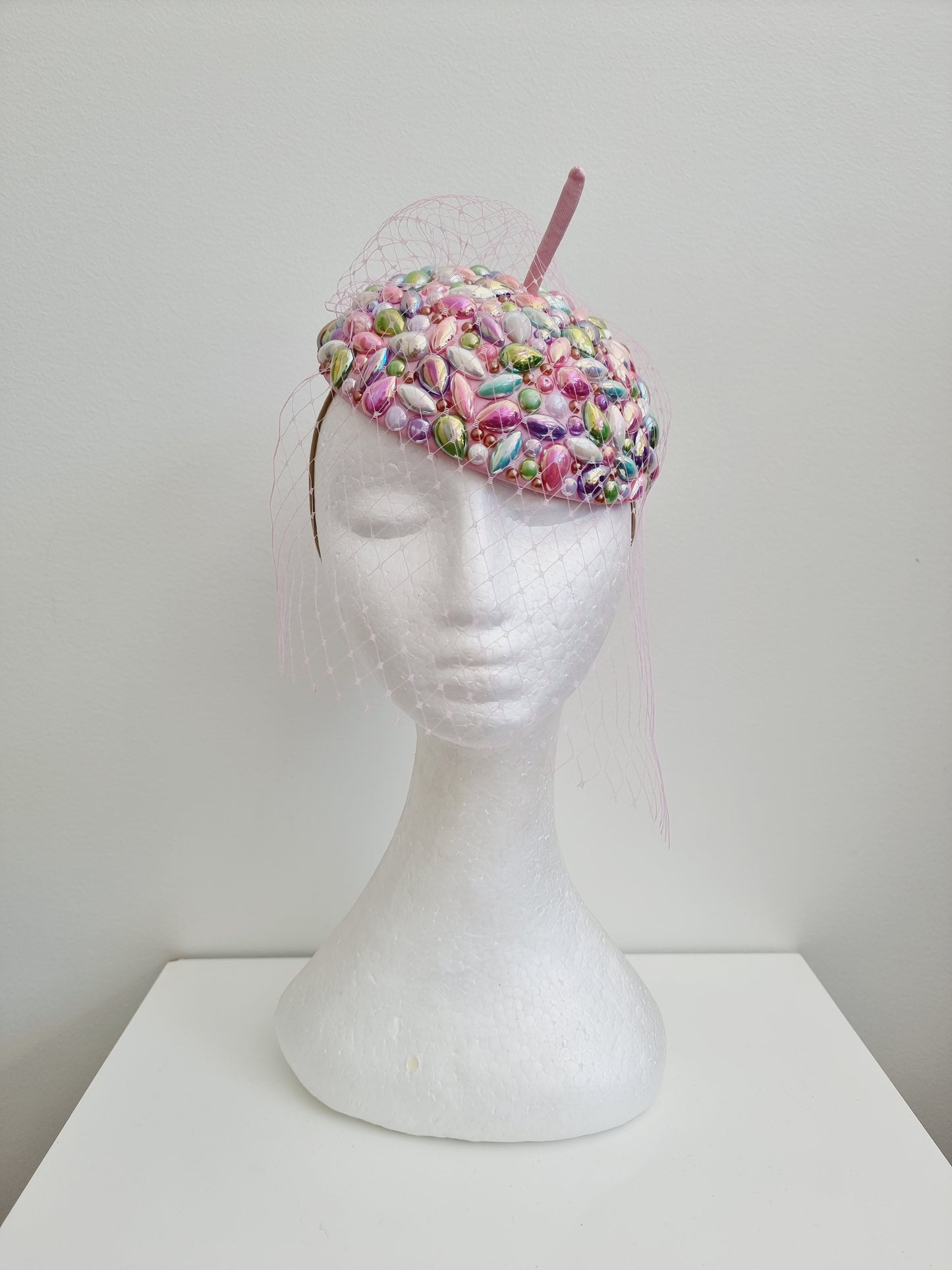 Miss Candy Crush. Womens Pastel mutli coloured rhinestone encrusted  button fascinator