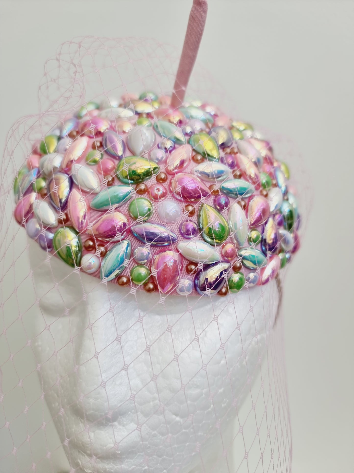 Miss Candy Crush. Womens Pastel mutli coloured rhinestone encrusted  button fascinator