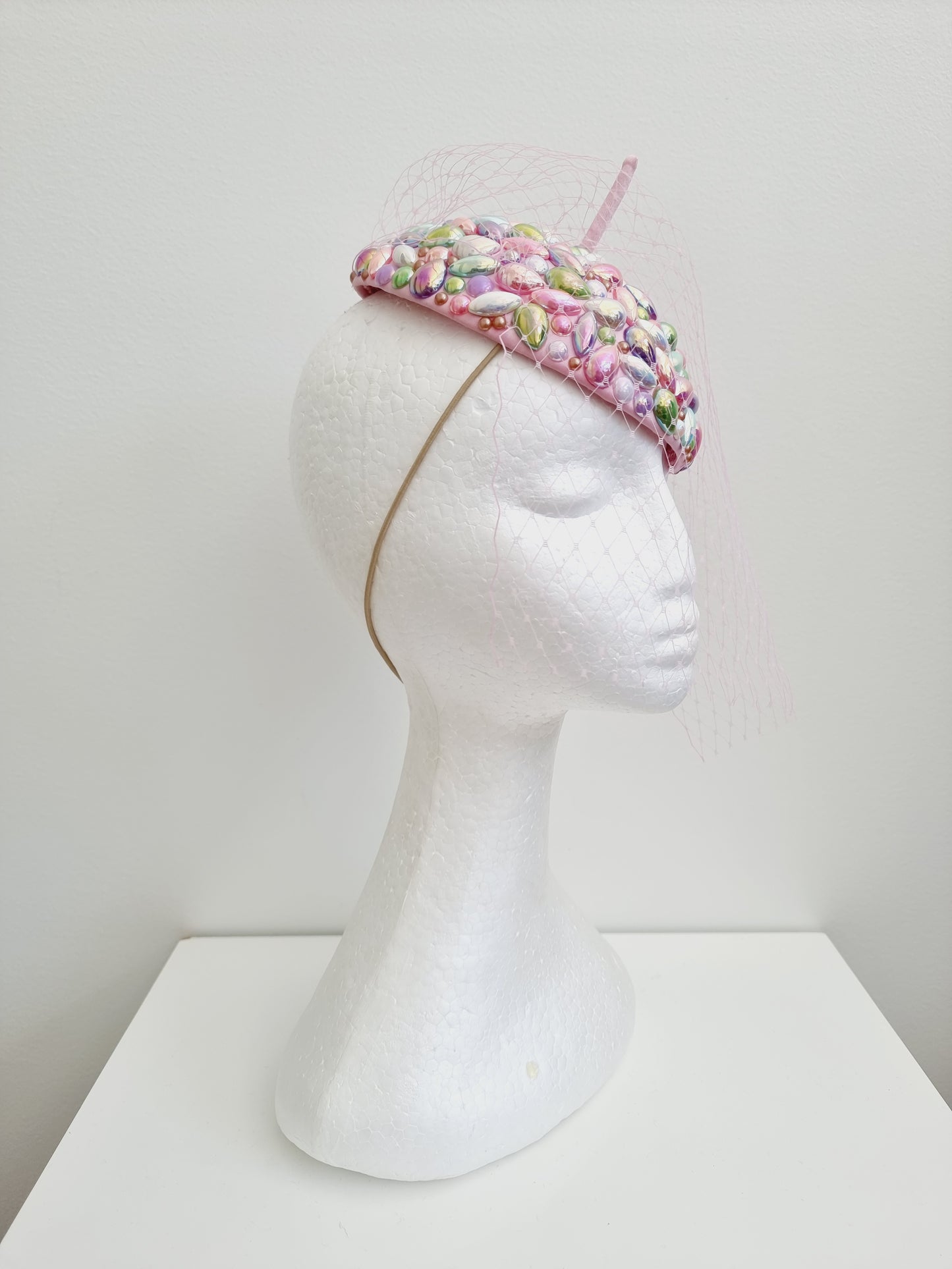 Miss Candy Crush. Womens Pastel mutli coloured rhinestone encrusted  button fascinator