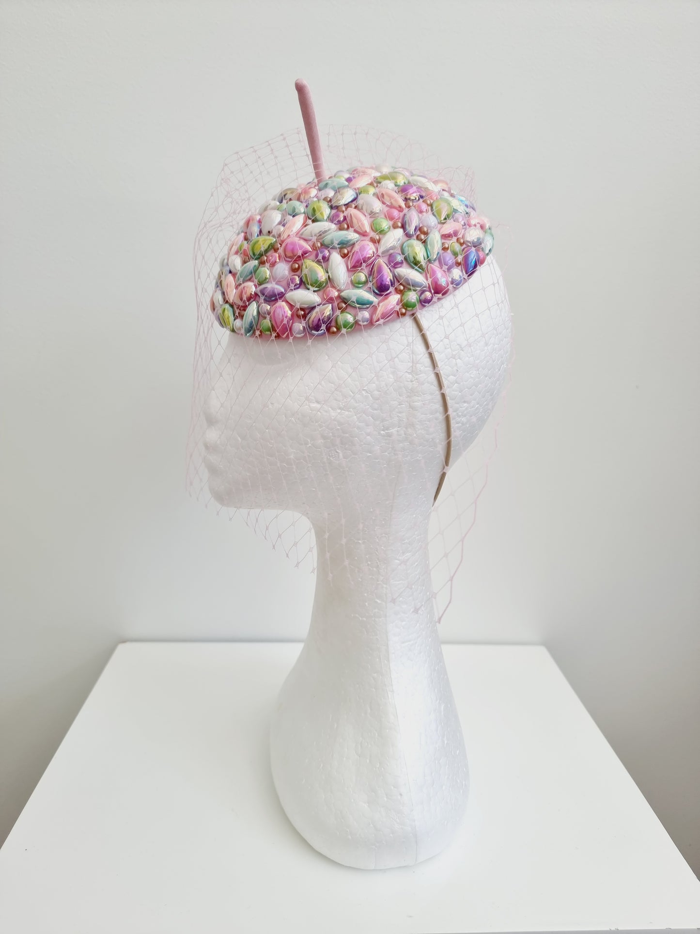 Miss Candy Crush. Womens Pastel mutli coloured rhinestone encrusted  button fascinator