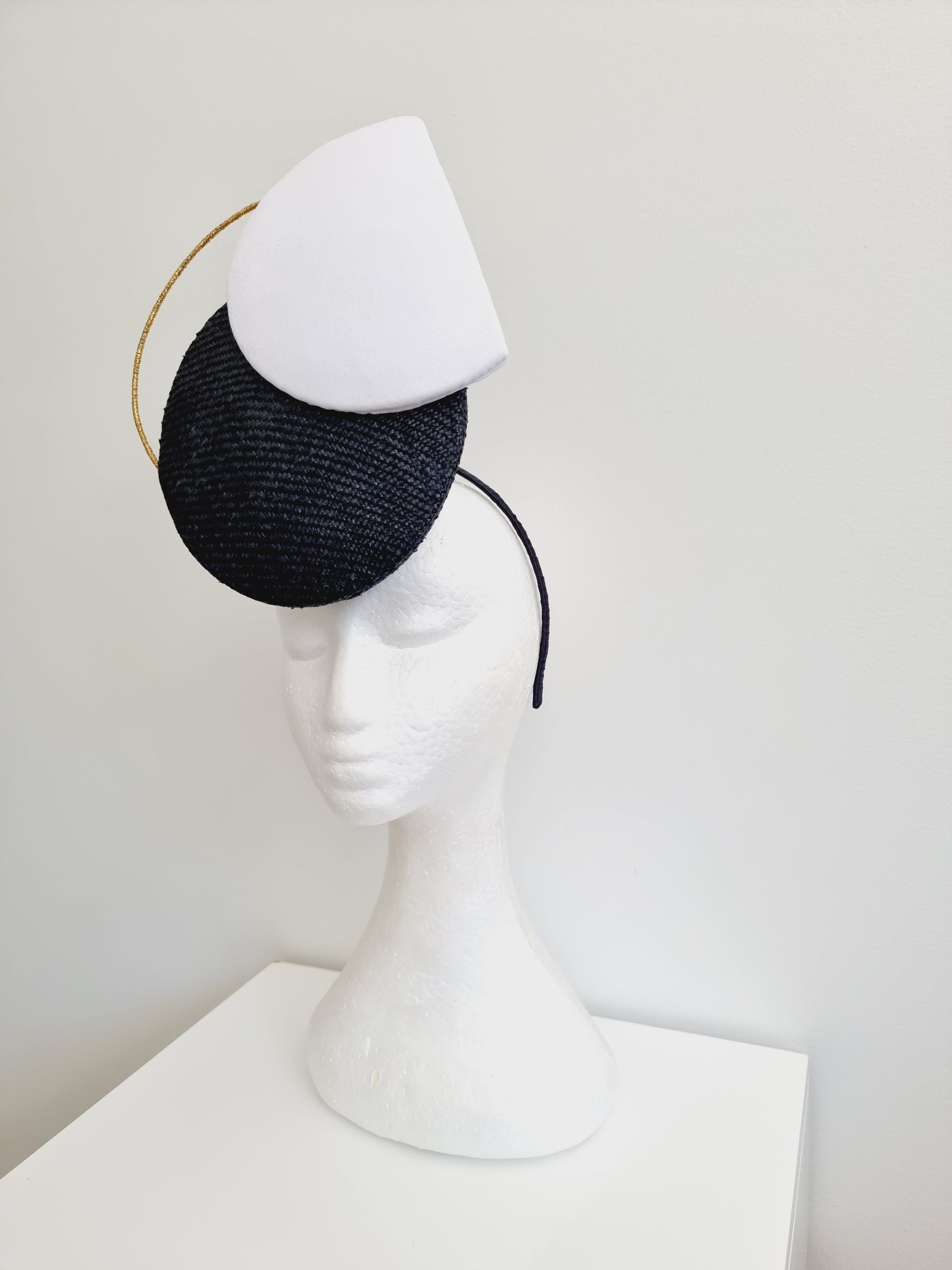 Miss Geometric. Womens black, white and gold  button percher headband fascinator