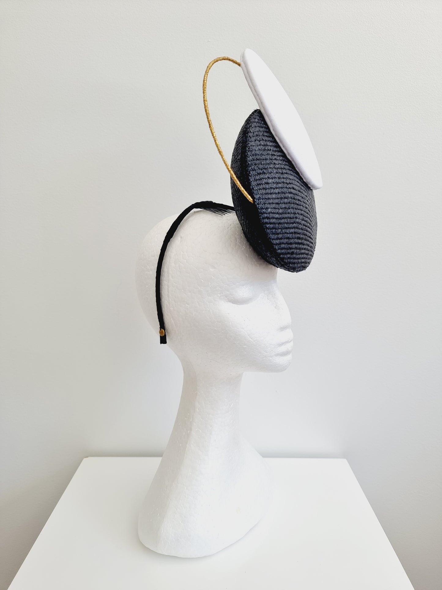 Miss Geometric. Womens black, white and gold  button percher headband fascinator