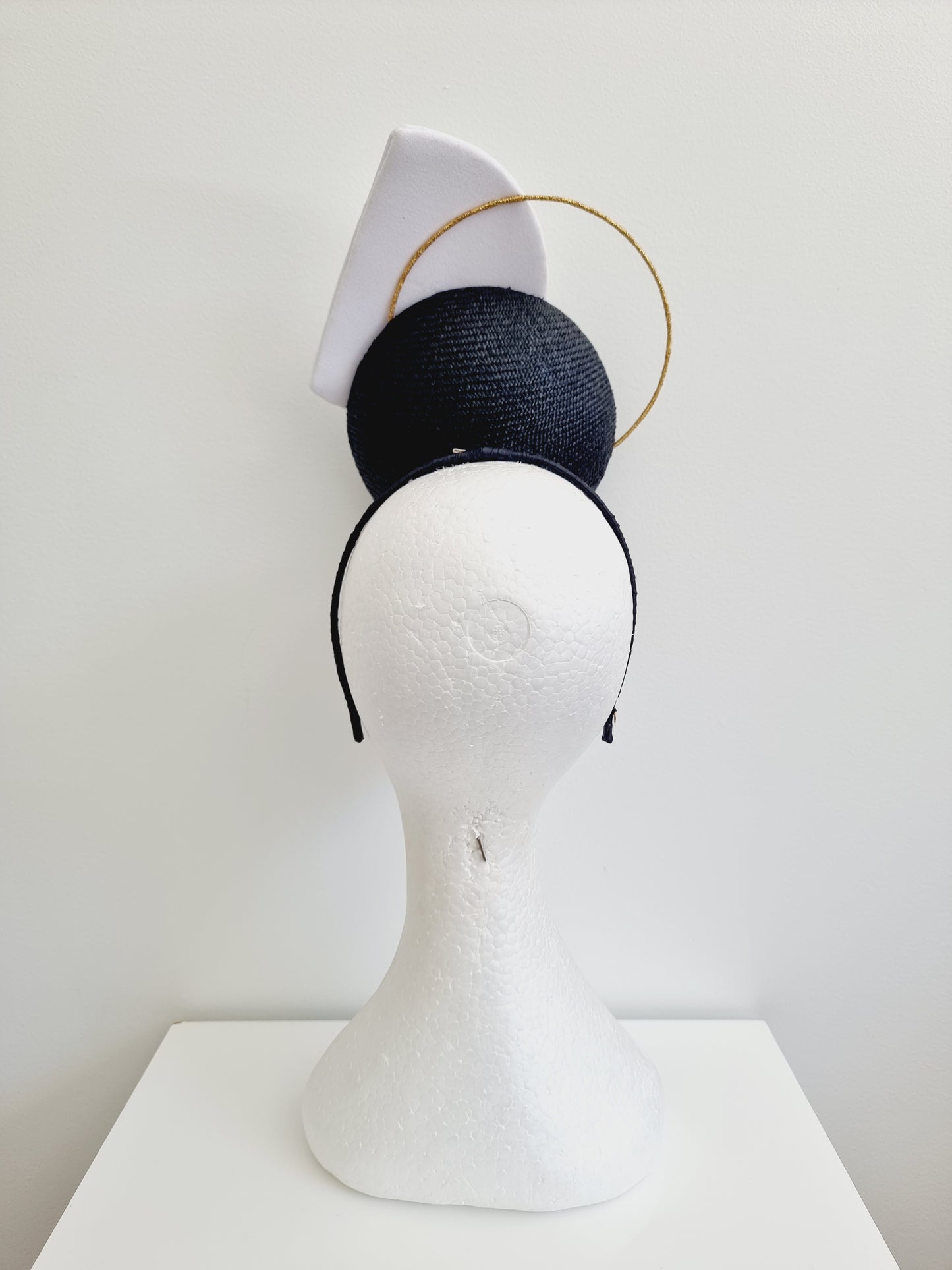 Miss Geometric. Womens black, white and gold  button percher headband fascinator