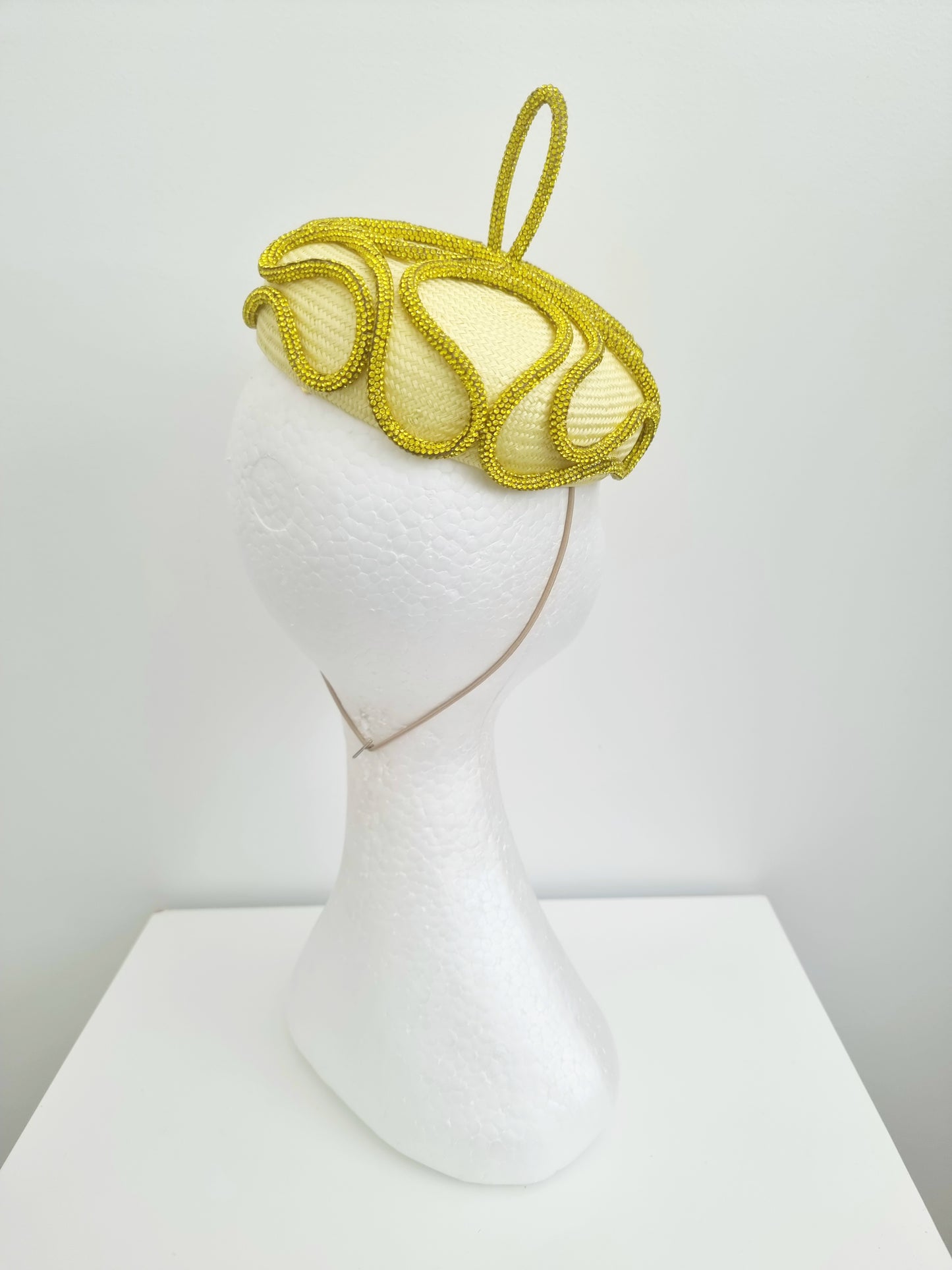 Miss Margot. Womens yellow button fascinator with rhinestones