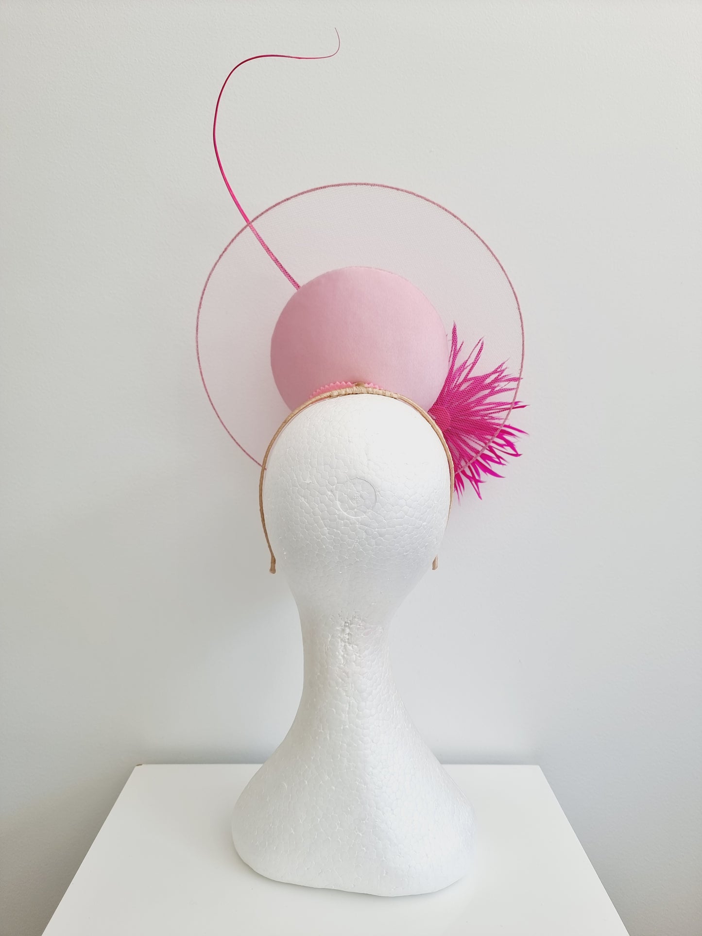 Miss Dandelion with sheer disk. Womens Pale pink and Hot Pink button percher headband fascintaor with flower