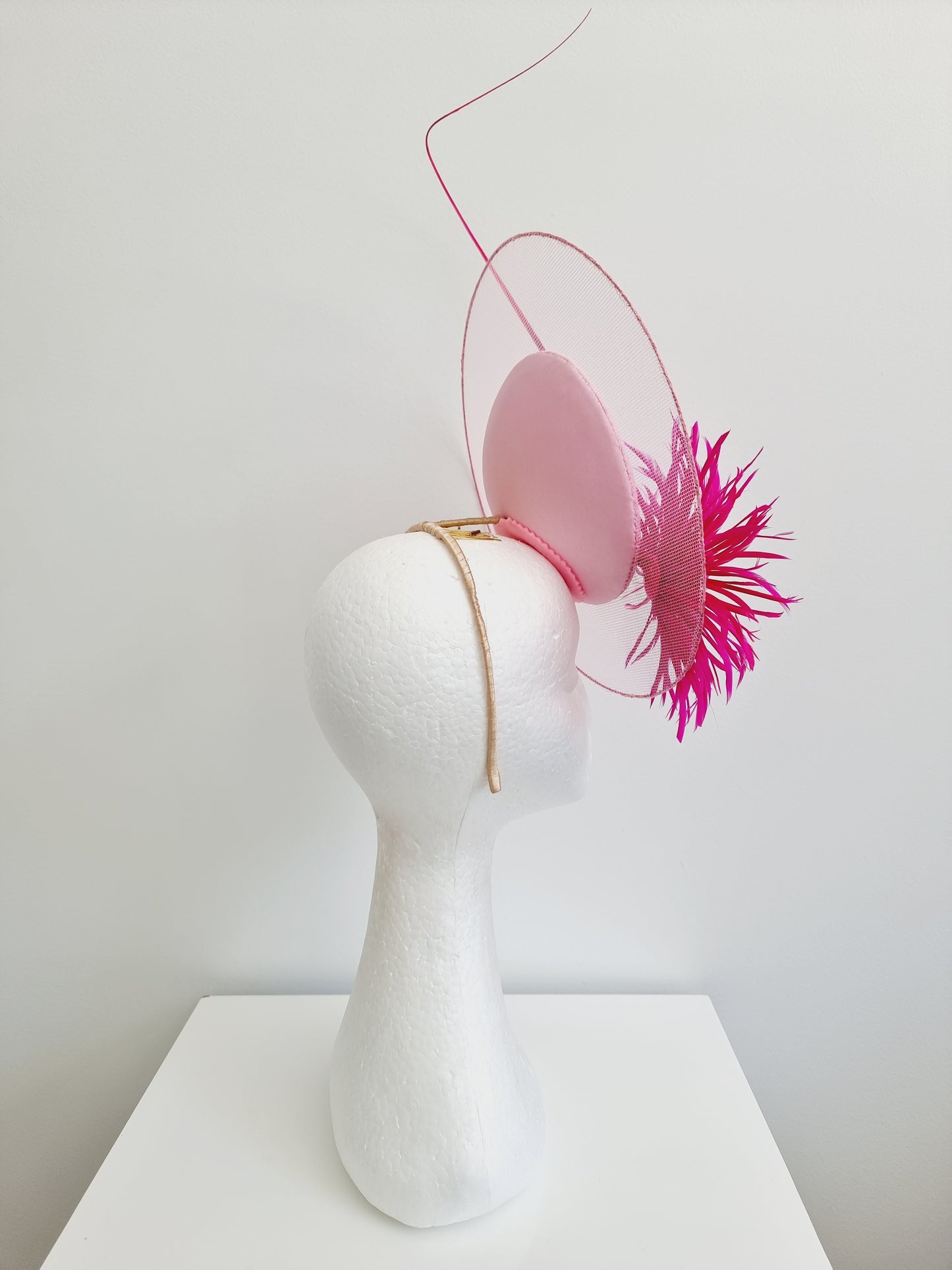 Miss Dandelion with sheer disk. Womens Pale pink and Hot Pink button percher headband fascintaor with flower