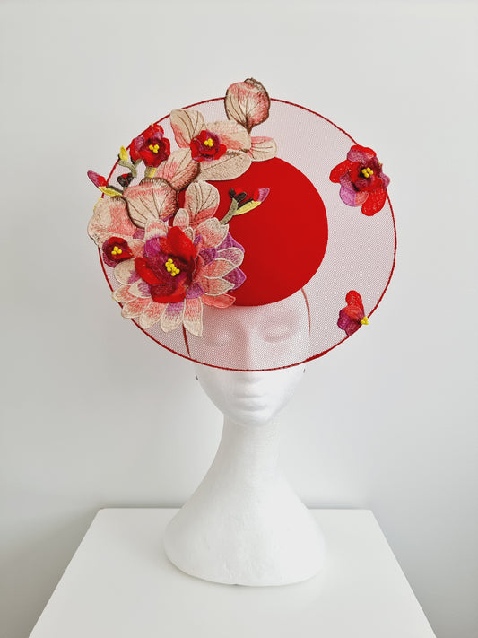 Miss Ilana. Womens red button percher headpiece with embroidered floral detail