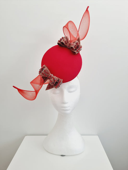 Miss Felicity. Womens red button percher headband fascinator with rhinestone bows and crinoline swirl