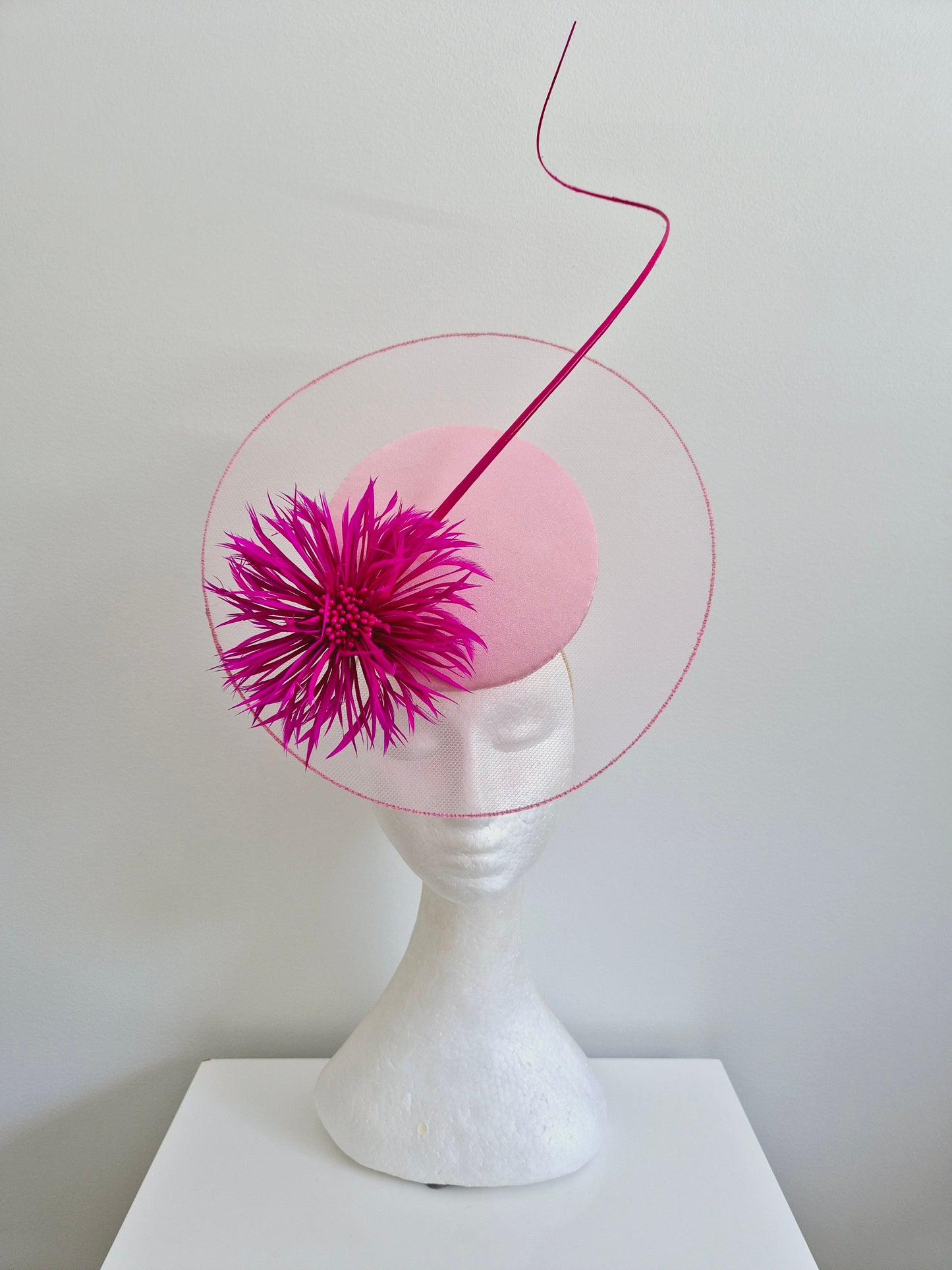 Miss Dandelion with sheer disk. Womens Pale pink and Hot Pink button percher headband fascintaor with flower