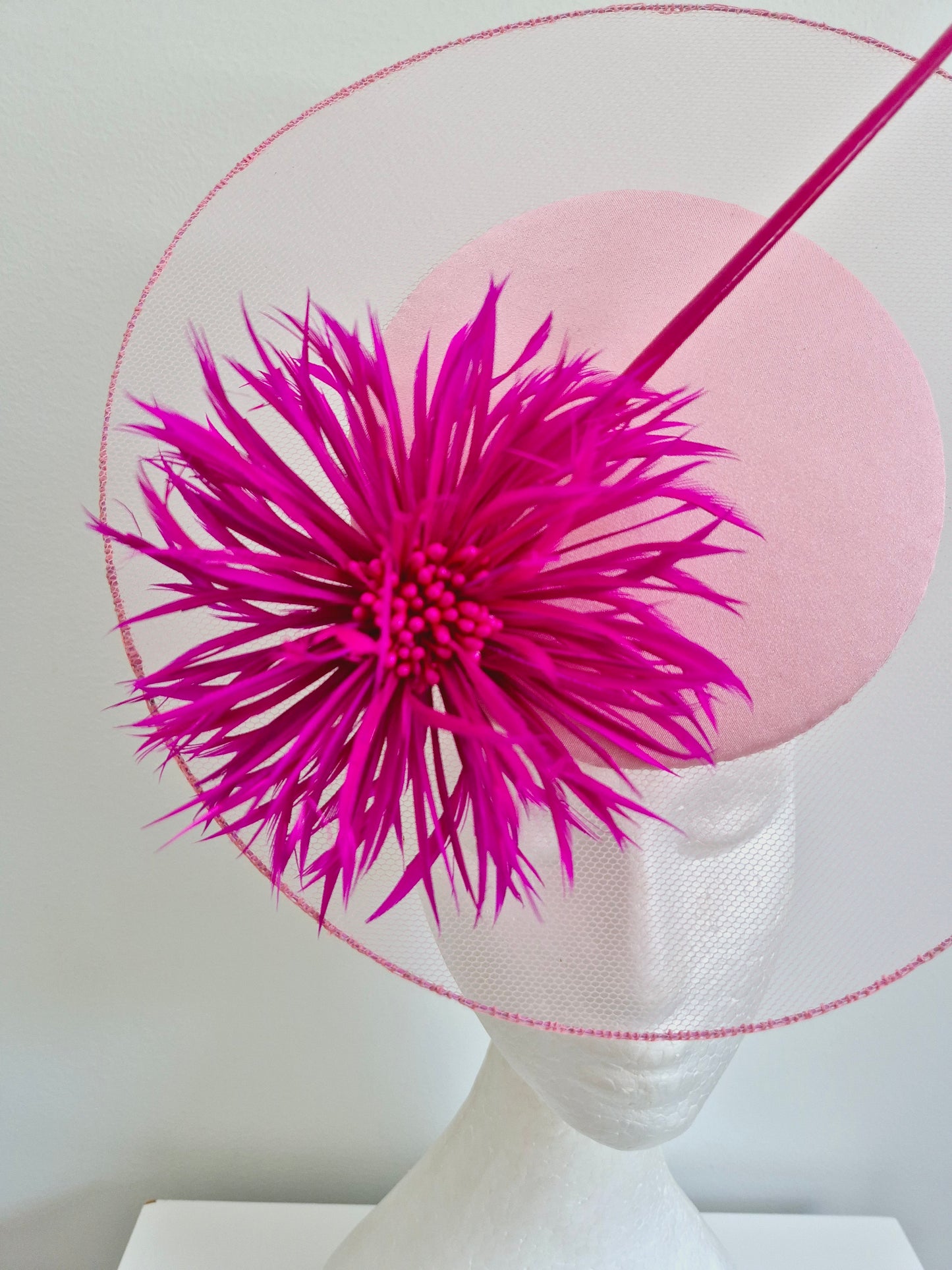 Miss Dandelion with sheer disk. Womens Pale pink and Hot Pink button percher headband fascintaor with flower