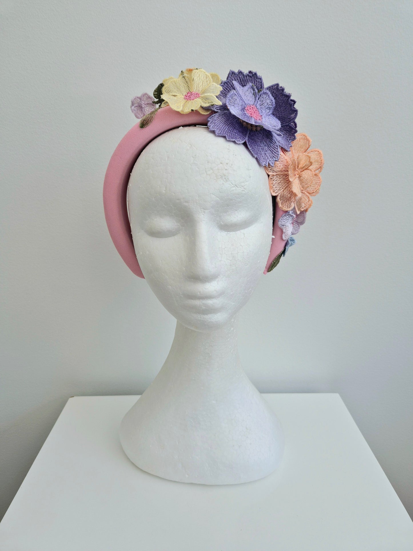 Miss Whimsical headband.  Womens 3D Pink tonal floral lace headband