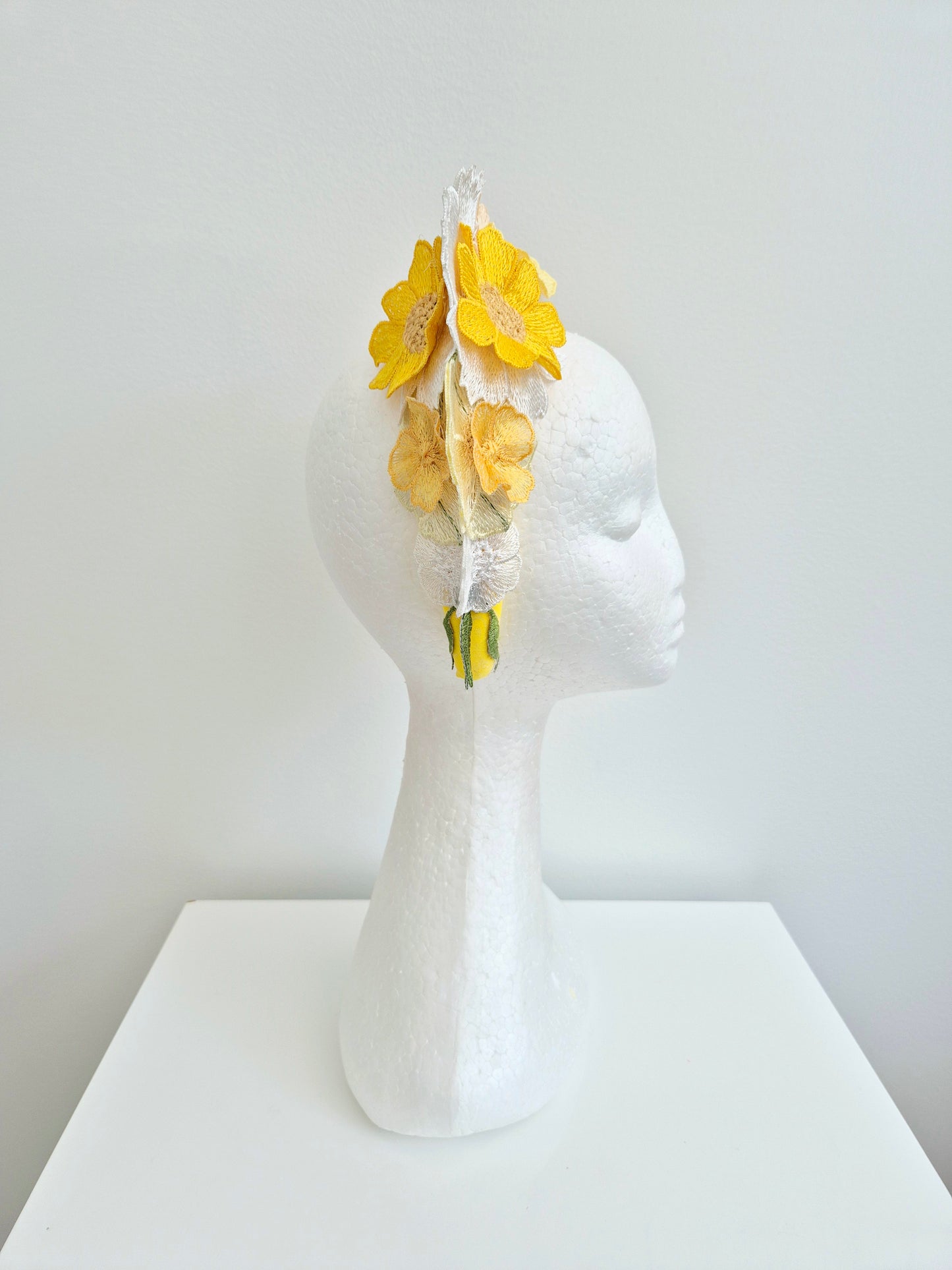 Miss Whimsical headband.  Womens 3D Yellow / white floral lace headband