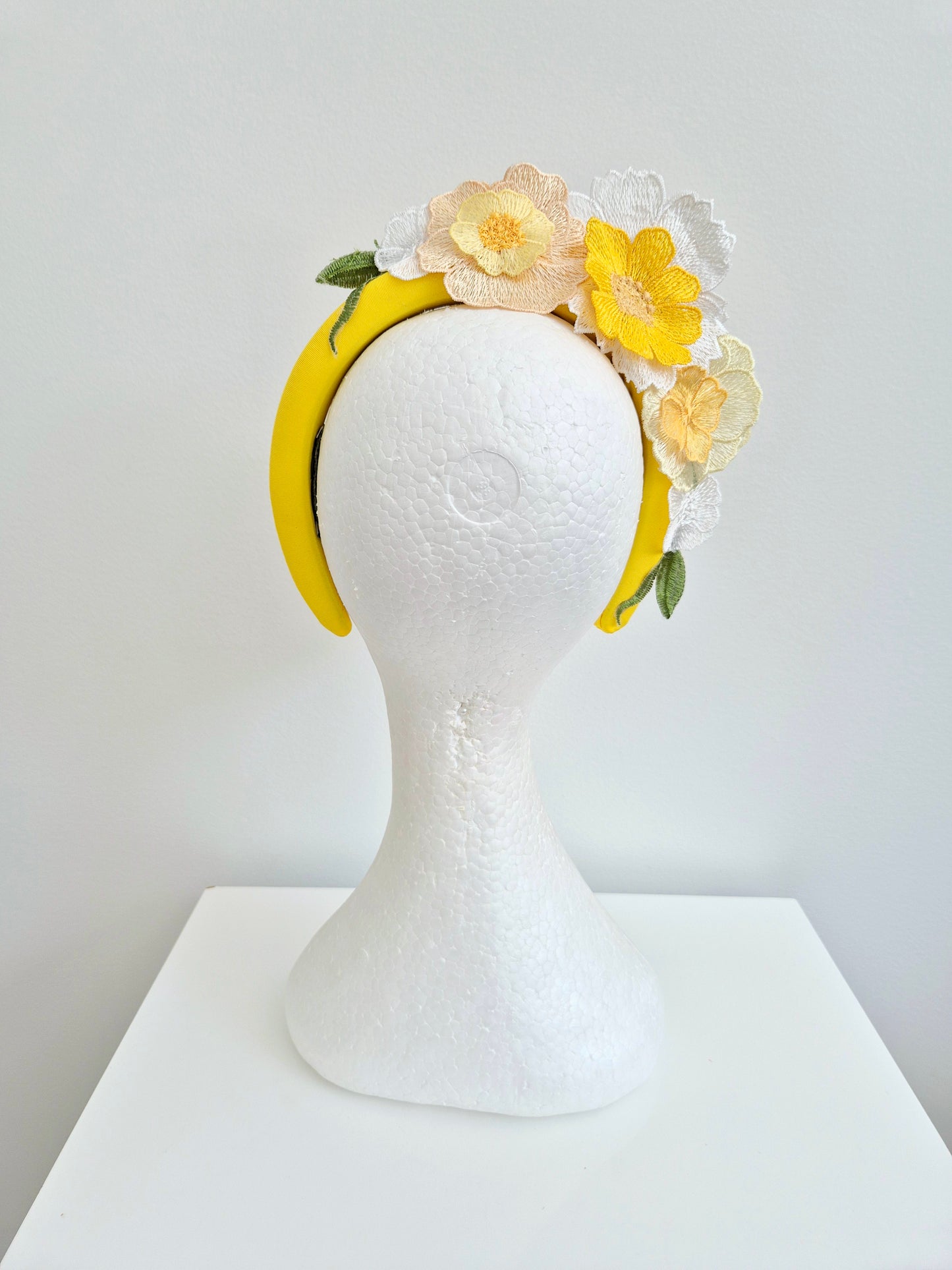 Miss Whimsical headband.  Womens 3D Yellow / white floral lace headband