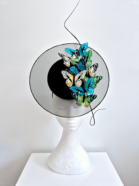 Miss Papillion.Womens Black multi satellite percher headband fascinator with butterflies