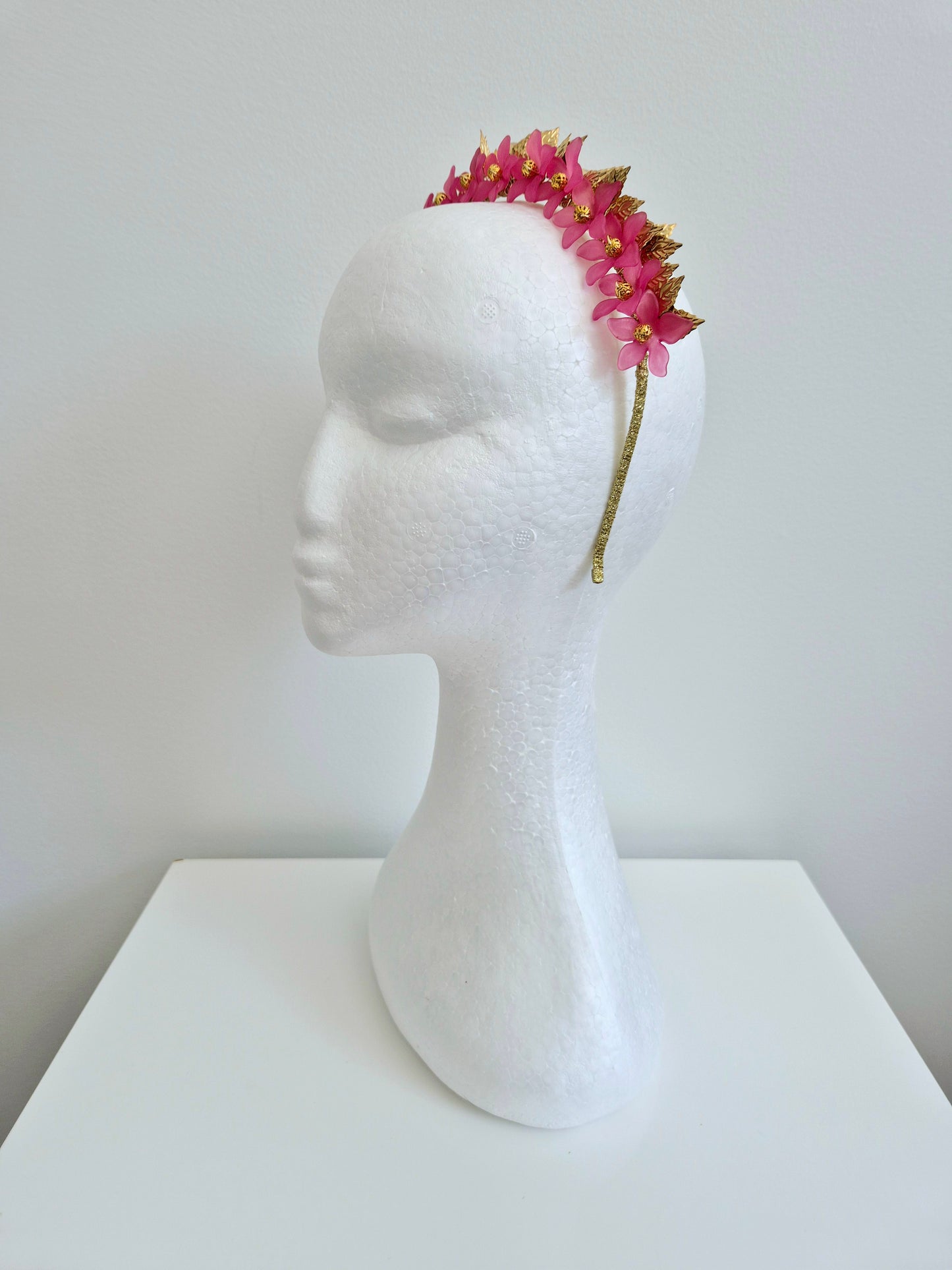 Miss Freya. Womens embellished flower headband fascinator in Hot Pink /gold