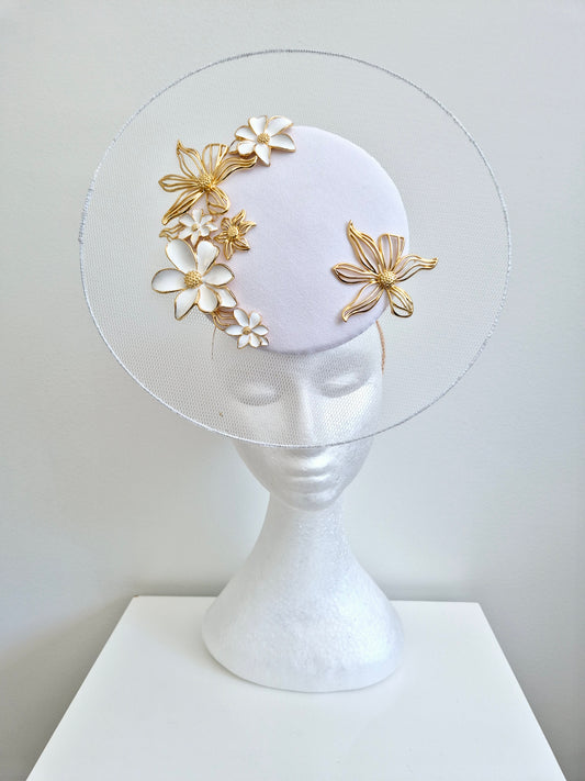 Miss Greta. Womens  white and gold floral percher fascinator with sheer disk.