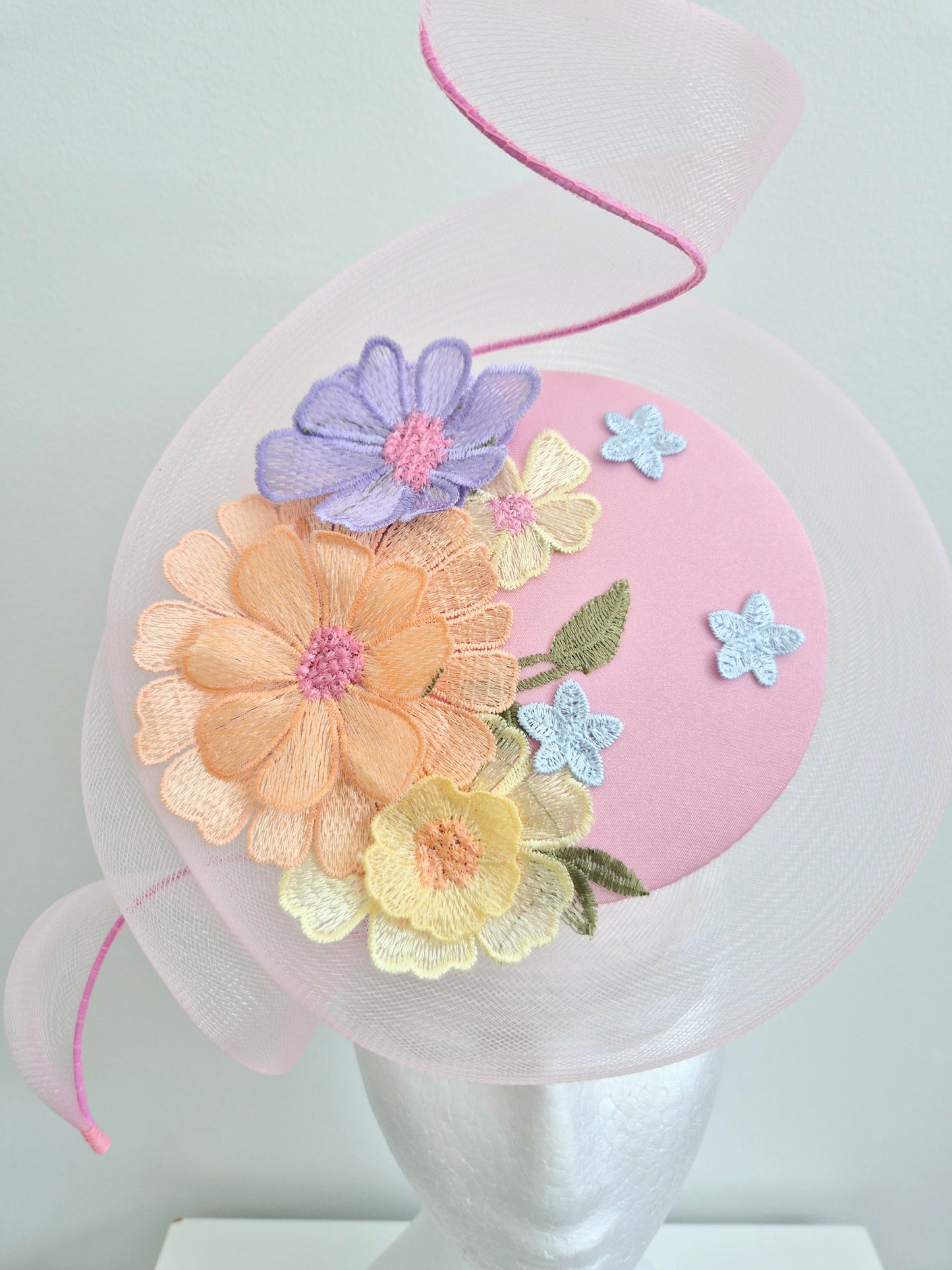 Miss Whimsical percher. Womens Pink button headband fascinator with crinoline swirl and 3D lace