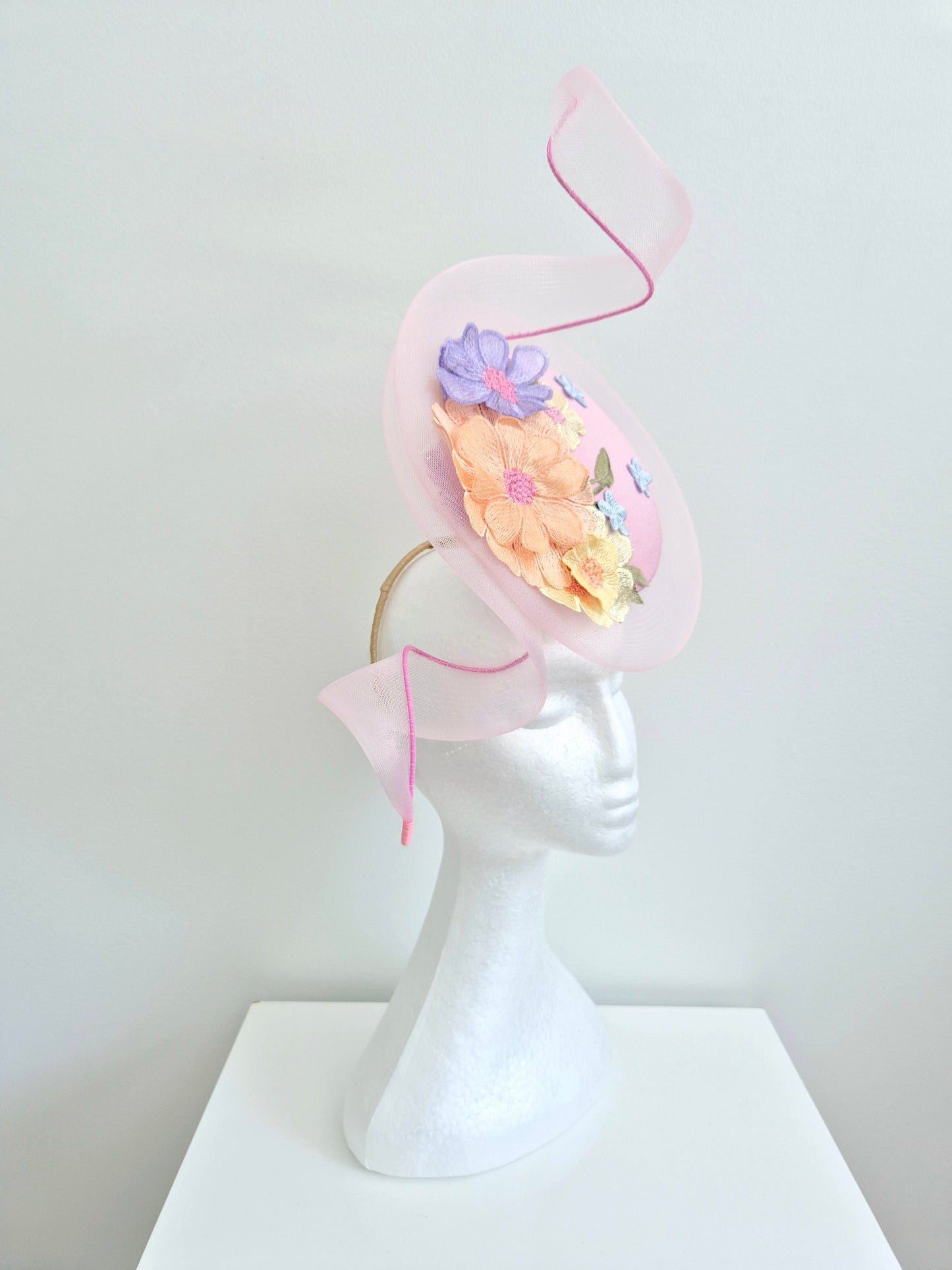 Miss Whimsical percher. Womens Pink button headband fascinator with crinoline swirl and 3D lace