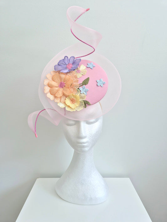 Miss Whimsical percher. Womens Pink button headband fascinator with crinoline swirl and 3D lace