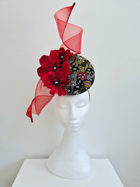 Miss Tory. Womens Red brocade and flower headband fascinator