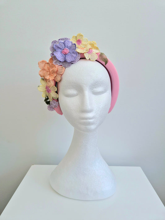 Miss Whimsical headband.  Womens 3D Pink tonal floral lace headband