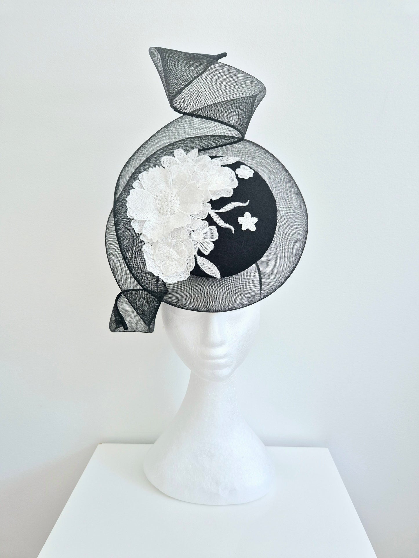 Miss Whimscial. Womens Black button percher headband fascinator with crinoline swirl and white 3d lace