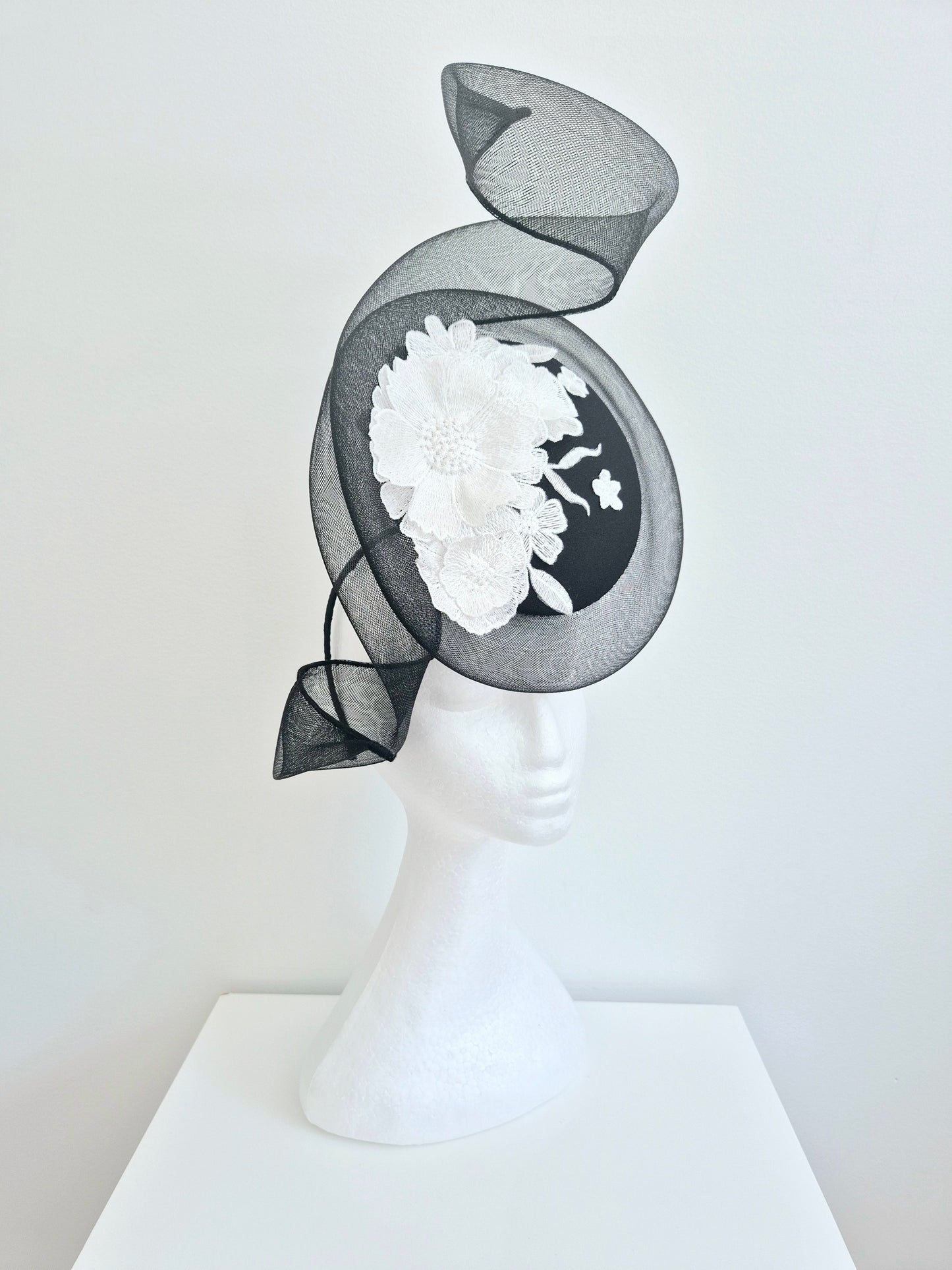 Miss Whimscial. Womens Black button percher headband fascinator with crinoline swirl and white 3d lace