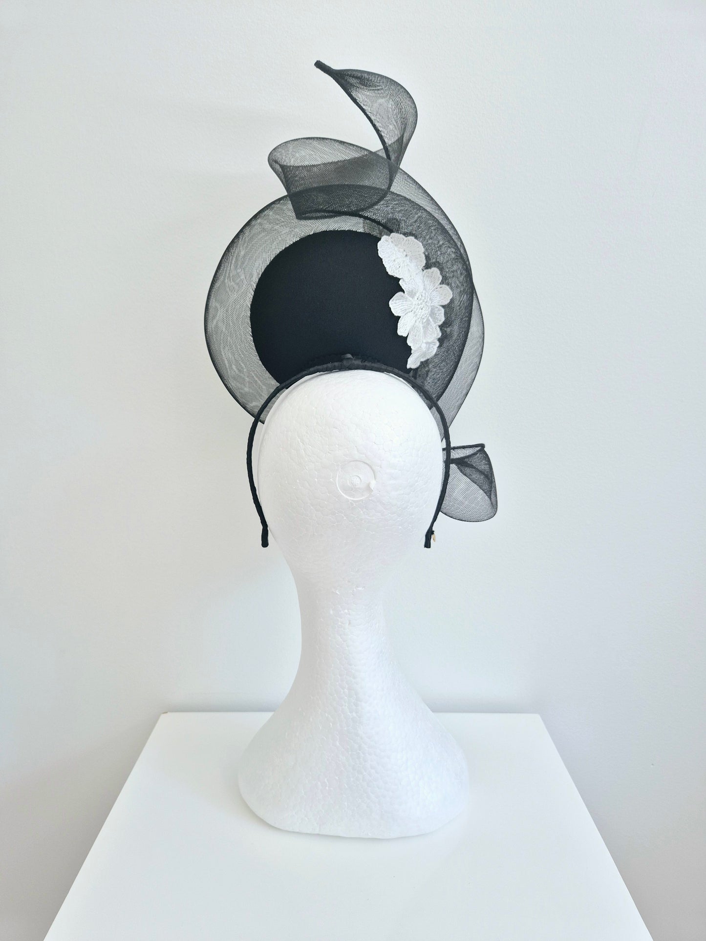 Miss Whimscial. Womens Black button percher headband fascinator with crinoline swirl and white 3d lace