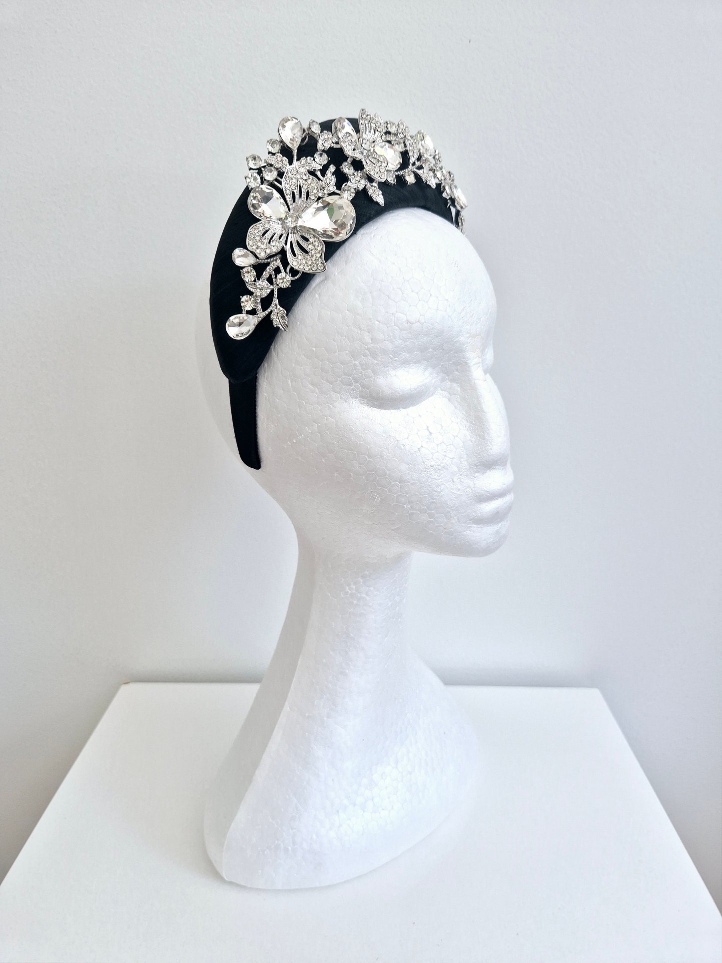 Miss Finley. Womens Black silk and silver jewel fascinator headband