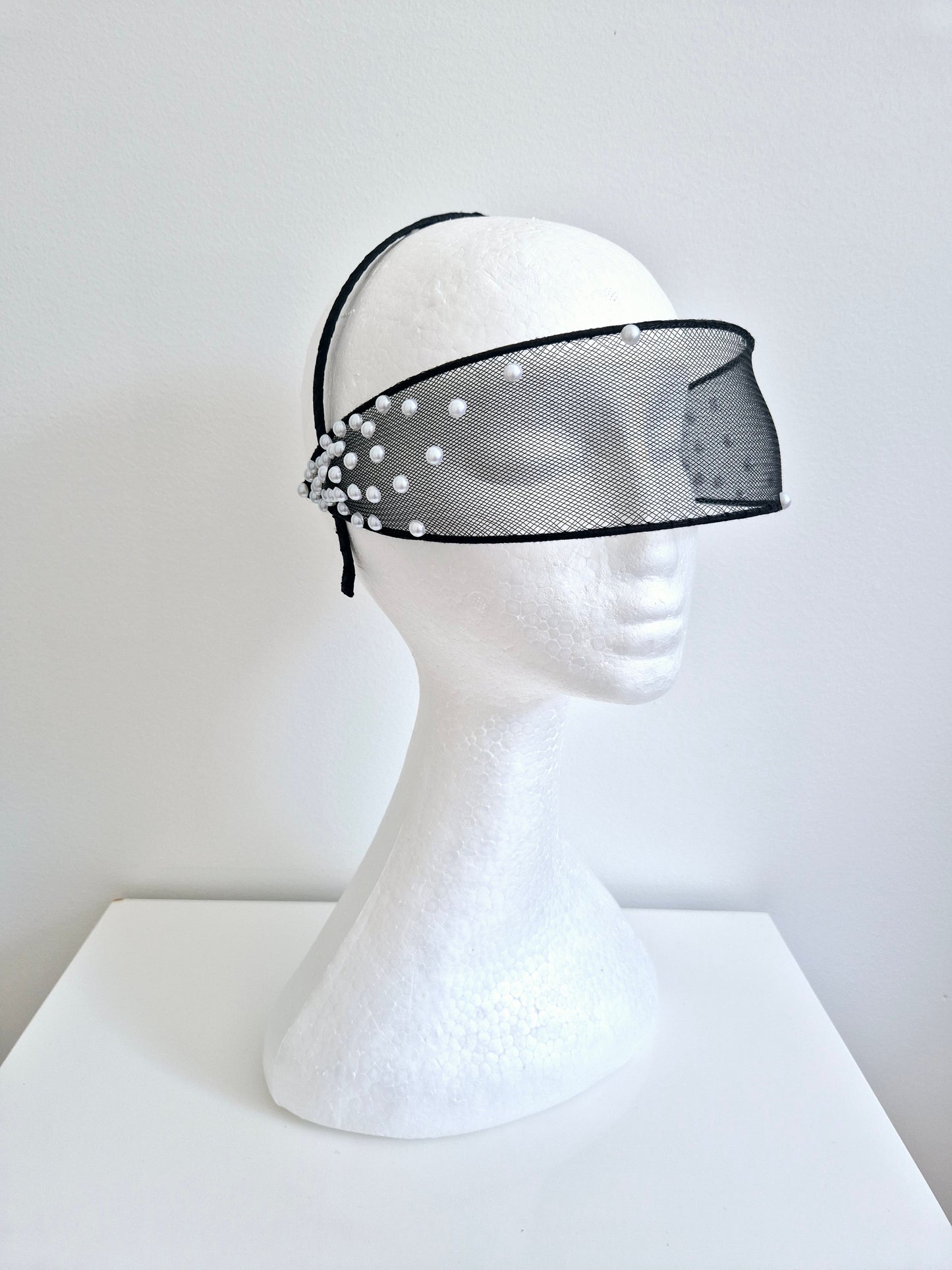 Miss Sabi. Womens Black crinoline visor headband with Pearls