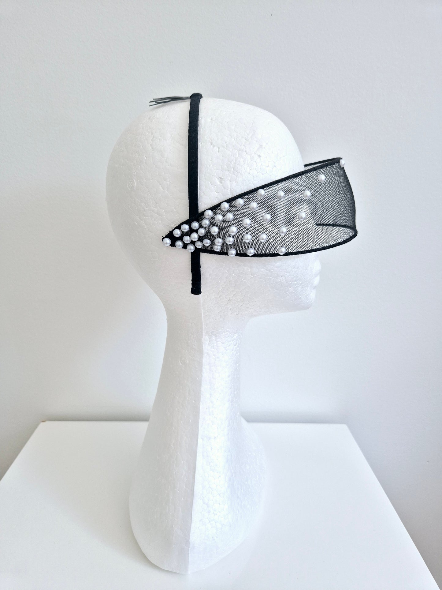 Miss Sabi. Womens Black crinoline visor headband with Pearls