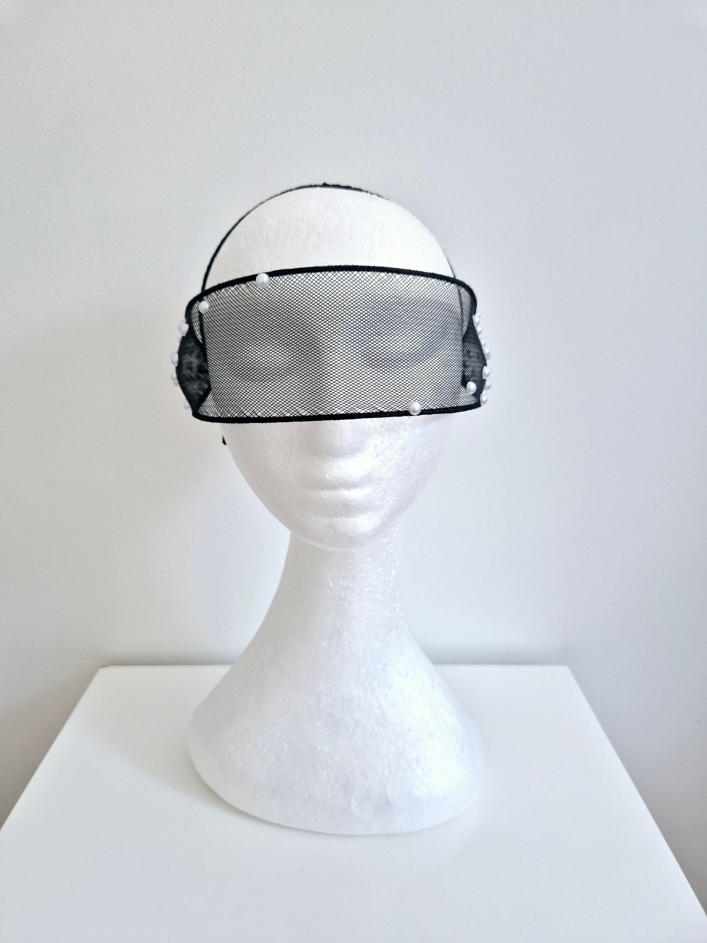 Miss Sabi. Womens Black crinoline visor headband with Pearls