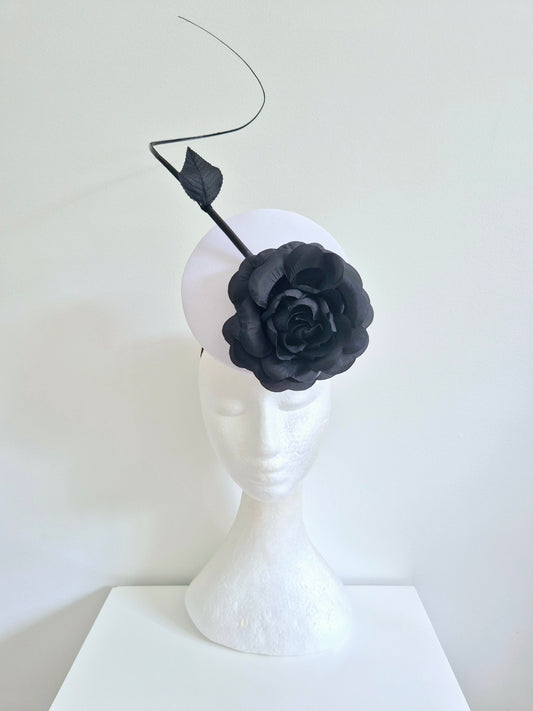 Miss Rosetta. Womens White button percher headband fascinator with black rose