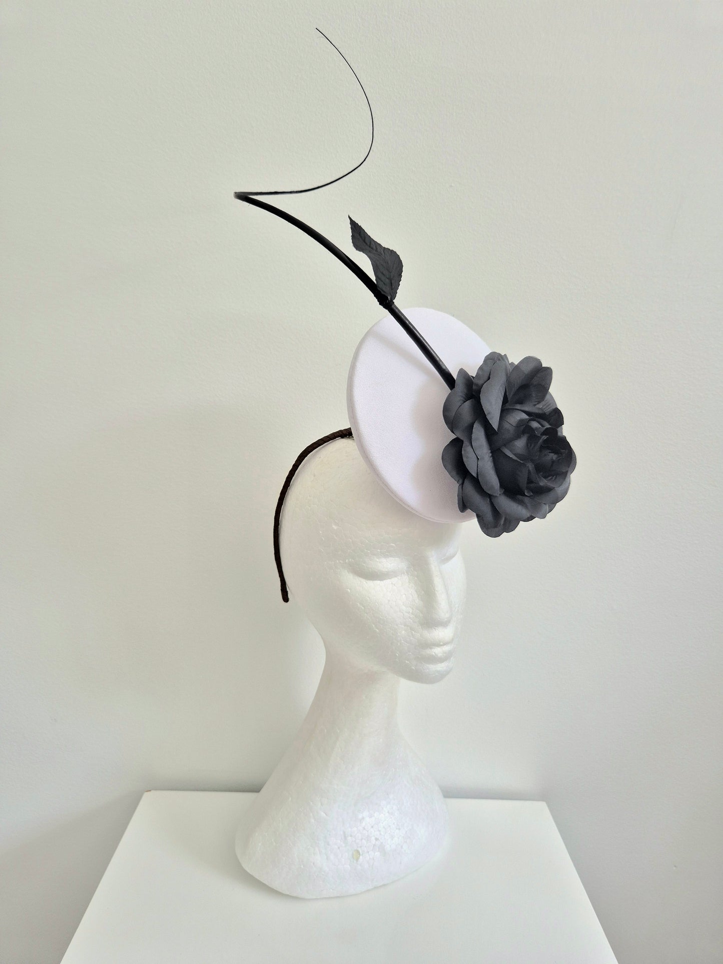 Miss Rosetta. Womens White button percher headband fascinator with black rose