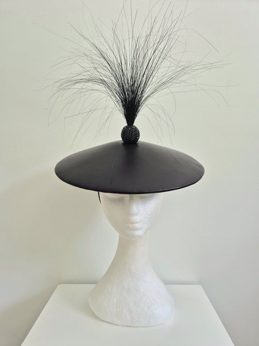 Miss Santos. Womens low coolie hat in black leather with rhinestone ball and herl