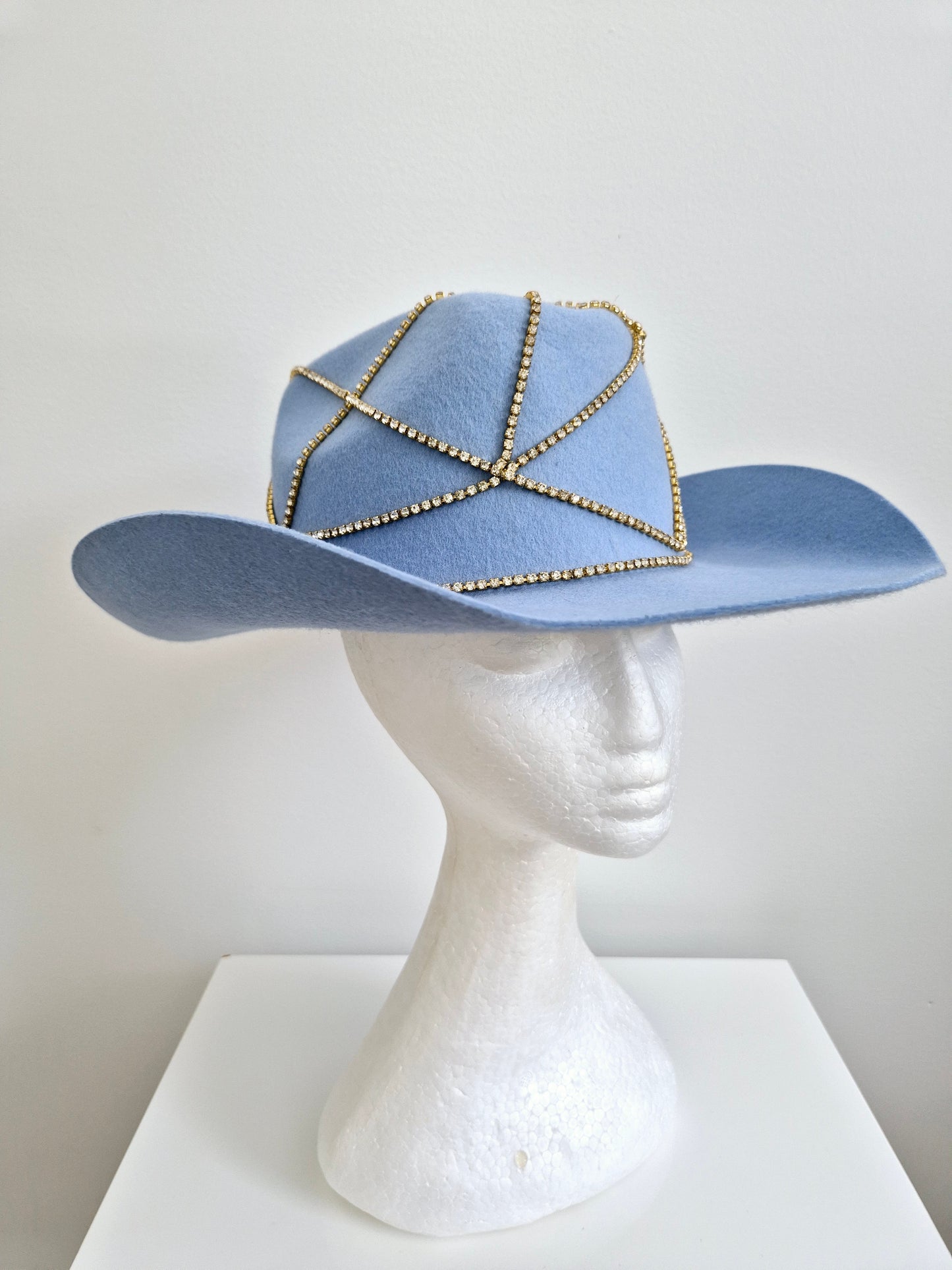 Miss Rhinestone cowgirl. Powder blue felt hat with rhinestone detail