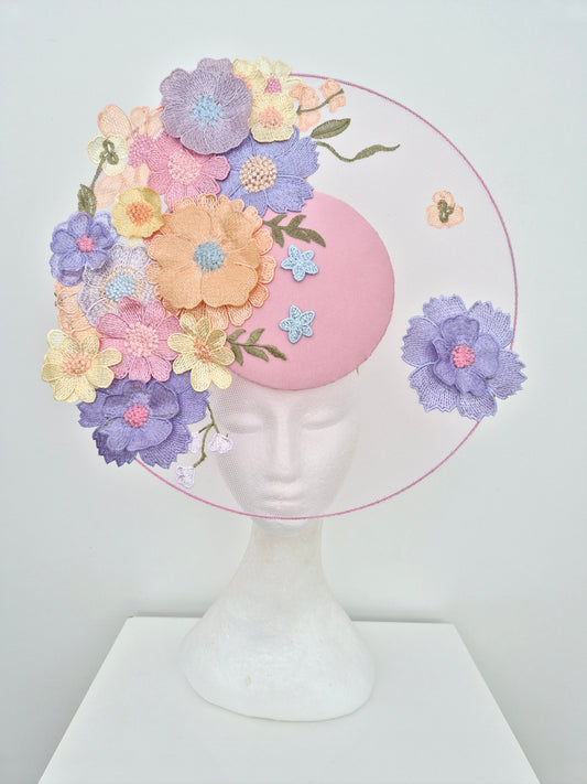 Miss Whimsical. Womens Light Pink satellite percher headband fascinator with pastel multi 3D flowers