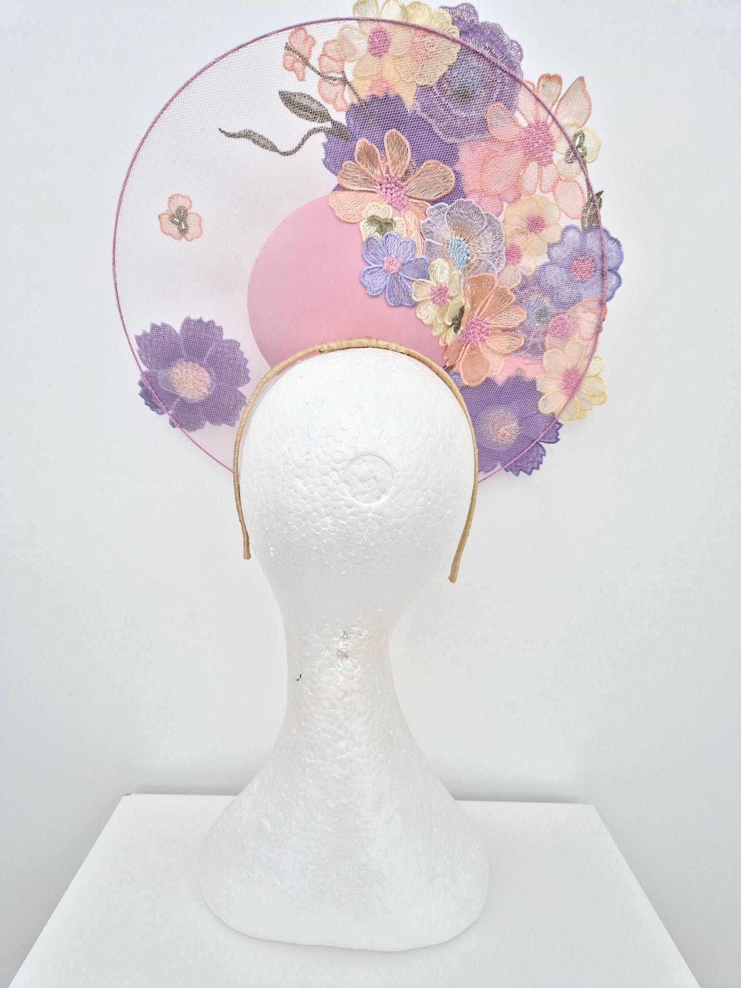 Miss Whimsical. Womens Light Pink satellite percher headband fascinator with pastel multi 3D flowers