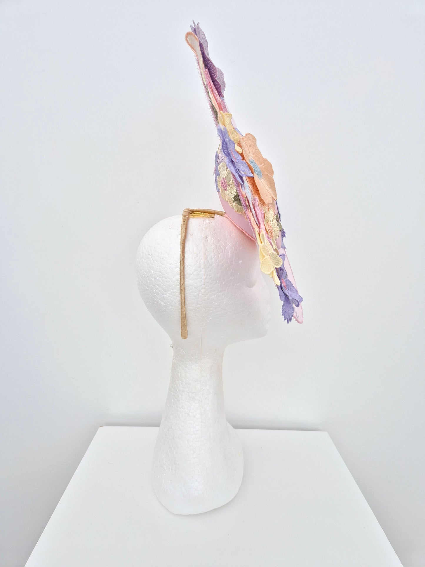 Miss Whimsical. Womens Light Pink satellite percher headband fascinator with pastel multi 3D flowers