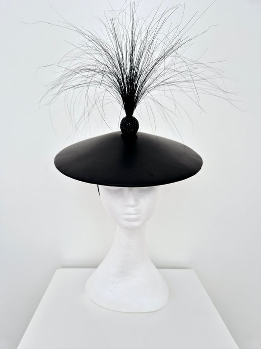 Miss Santos. Womens low coolie hat in black leather with rhinestone ball and herl