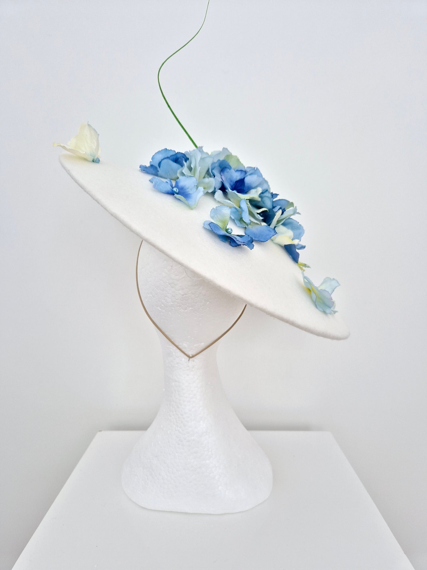 Miss Yvonne. Womens Off white wool felt coolie hat with Blue petals