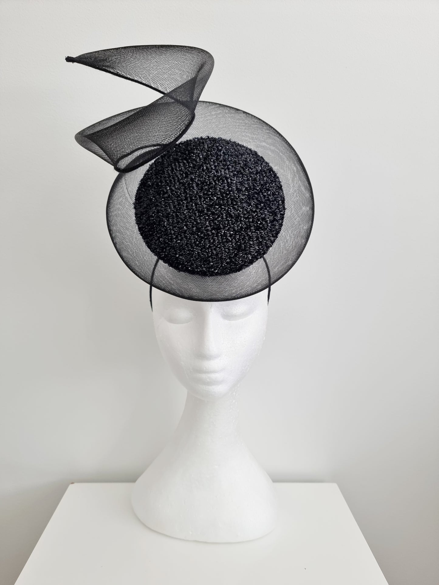 Miss Amanda. Womens black button percher headband fascinator with crinoline swirl